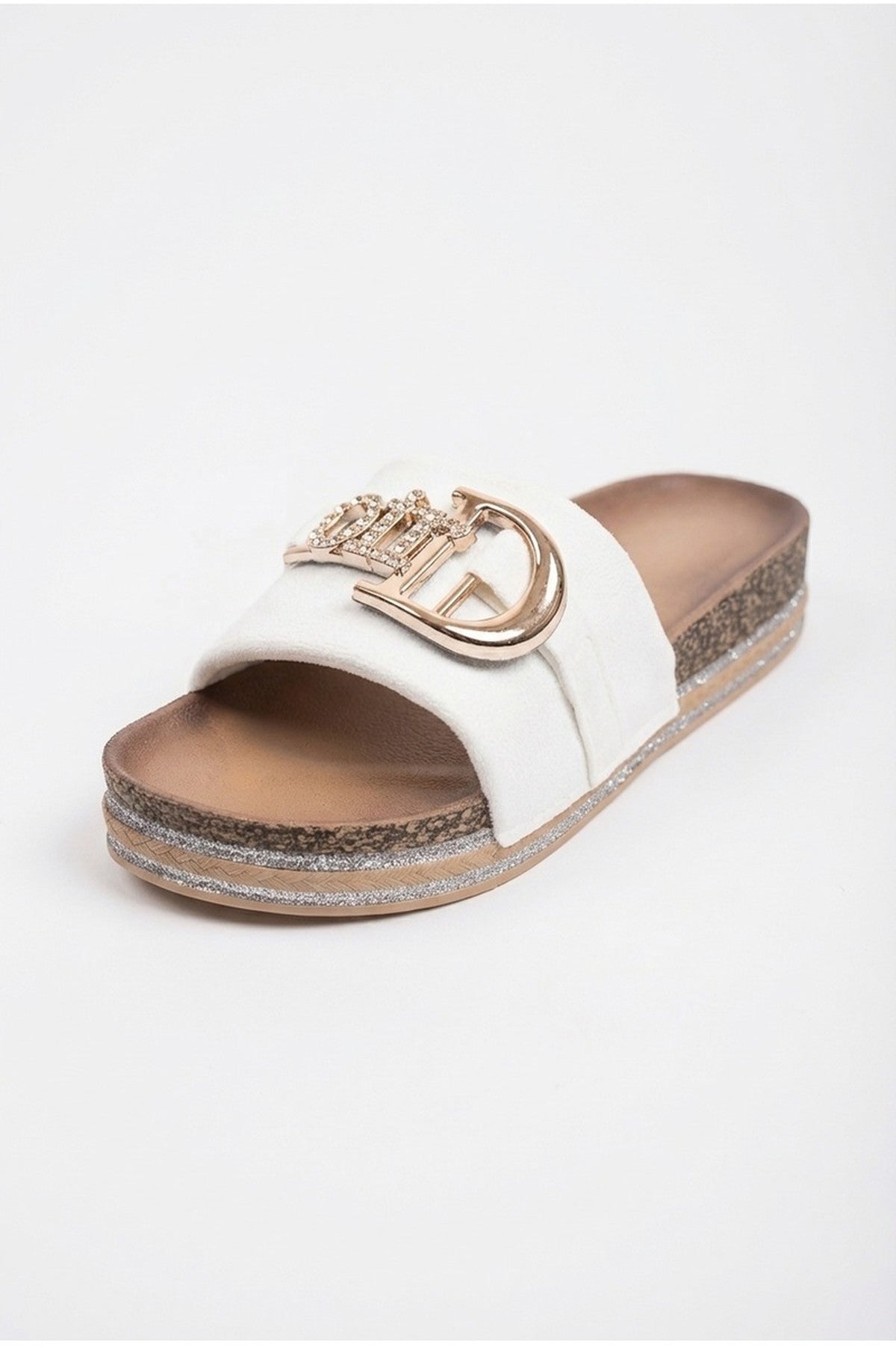 White iKrush White Mia Womens Embellished Cork Platform Sliders, Image 6 of 6