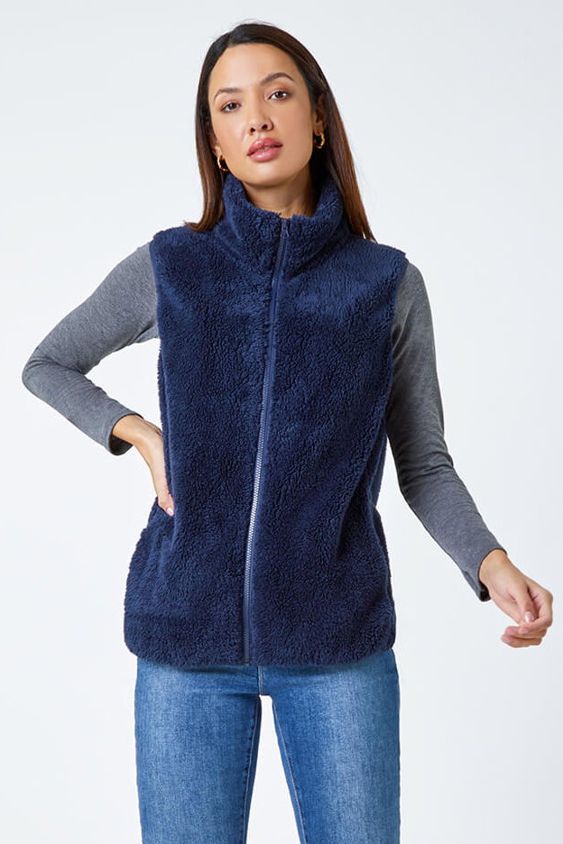 Midnight Blue Soft Sherpa Fleece Gilet, Image 3 of 5