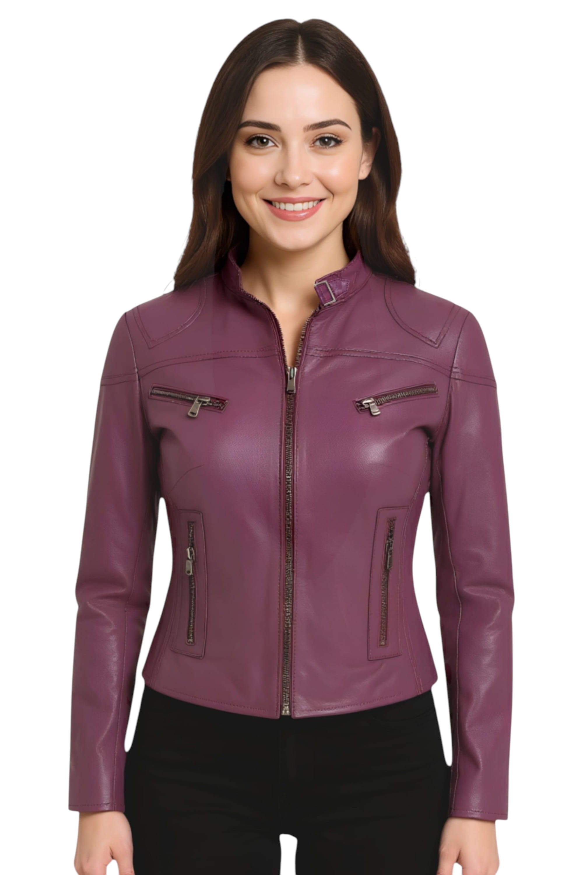 Purple Slim-Fit Leather Biker Jacket-Tulsa, Image 1 of 7