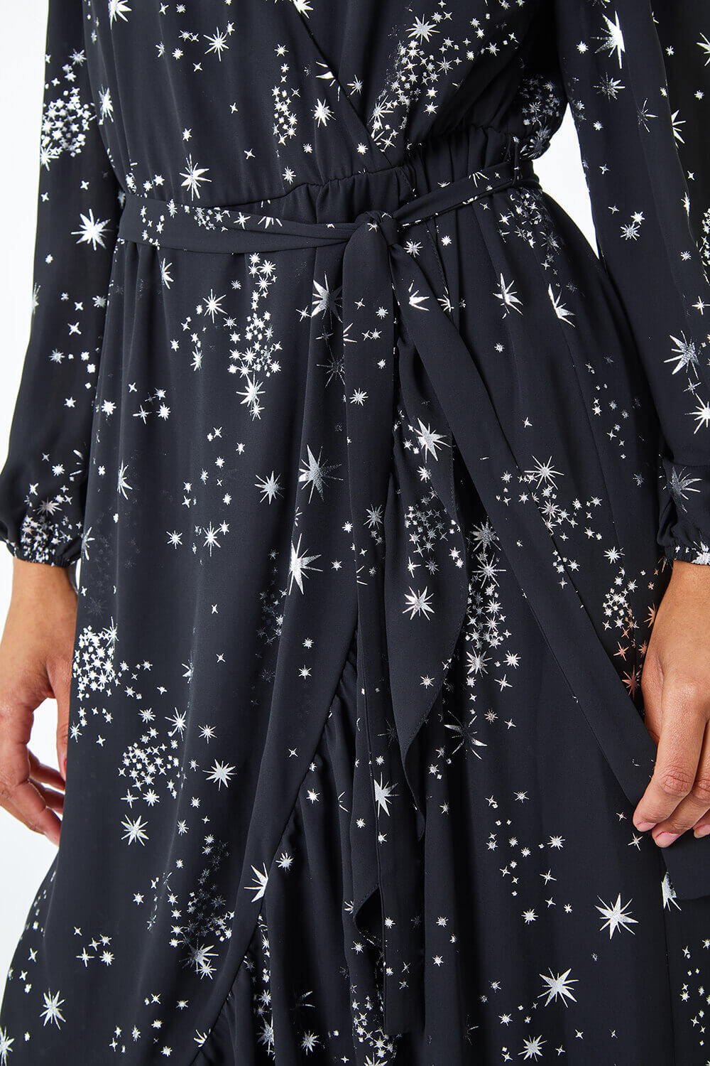 Black Metallic Star Wrap Midi Dress, Image 6 of 5