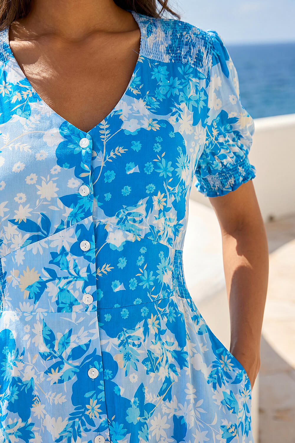 Blue Button Down Floral Shirred Midi Dress, Image 5 of 4