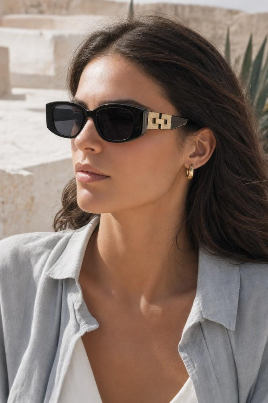 Black Rectangle Cateye Side Detail Sunglasses In Black/Gold, Image 5 of 5