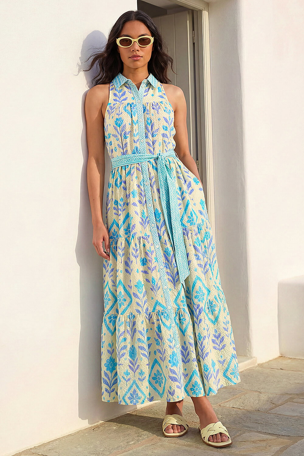Blue Leafy Tiered Maxi Dress, Image 1 of 4