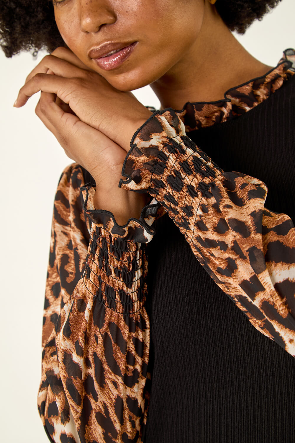Black Animal Print Mock Shirt Top, Image 6 of 5