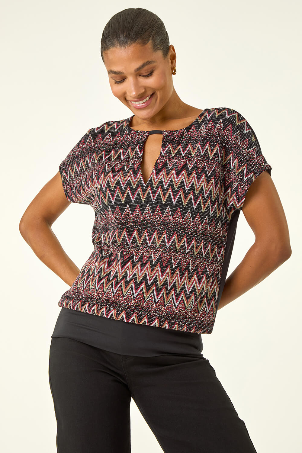 Bronze Zig Zag Print Bubble Hem Top, Image 3 of 6