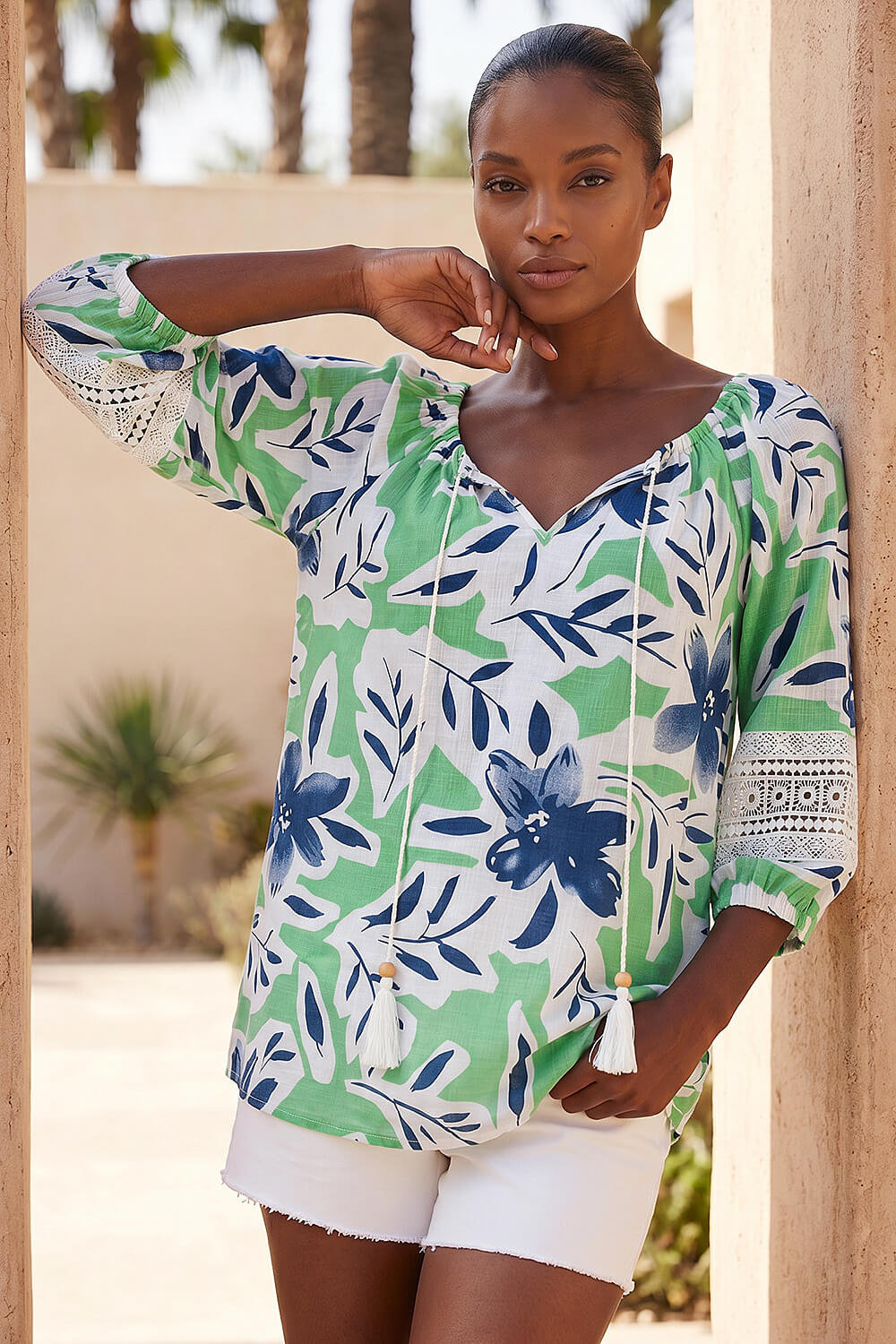 Pale Green Floral Print Tie Front Top, Image 1 of 4