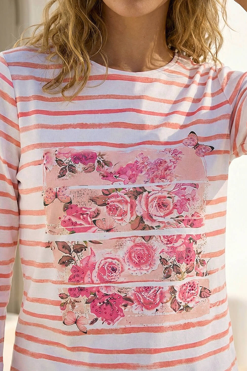 Pink Floral Embellished Stripe Top, Image 5 of 4