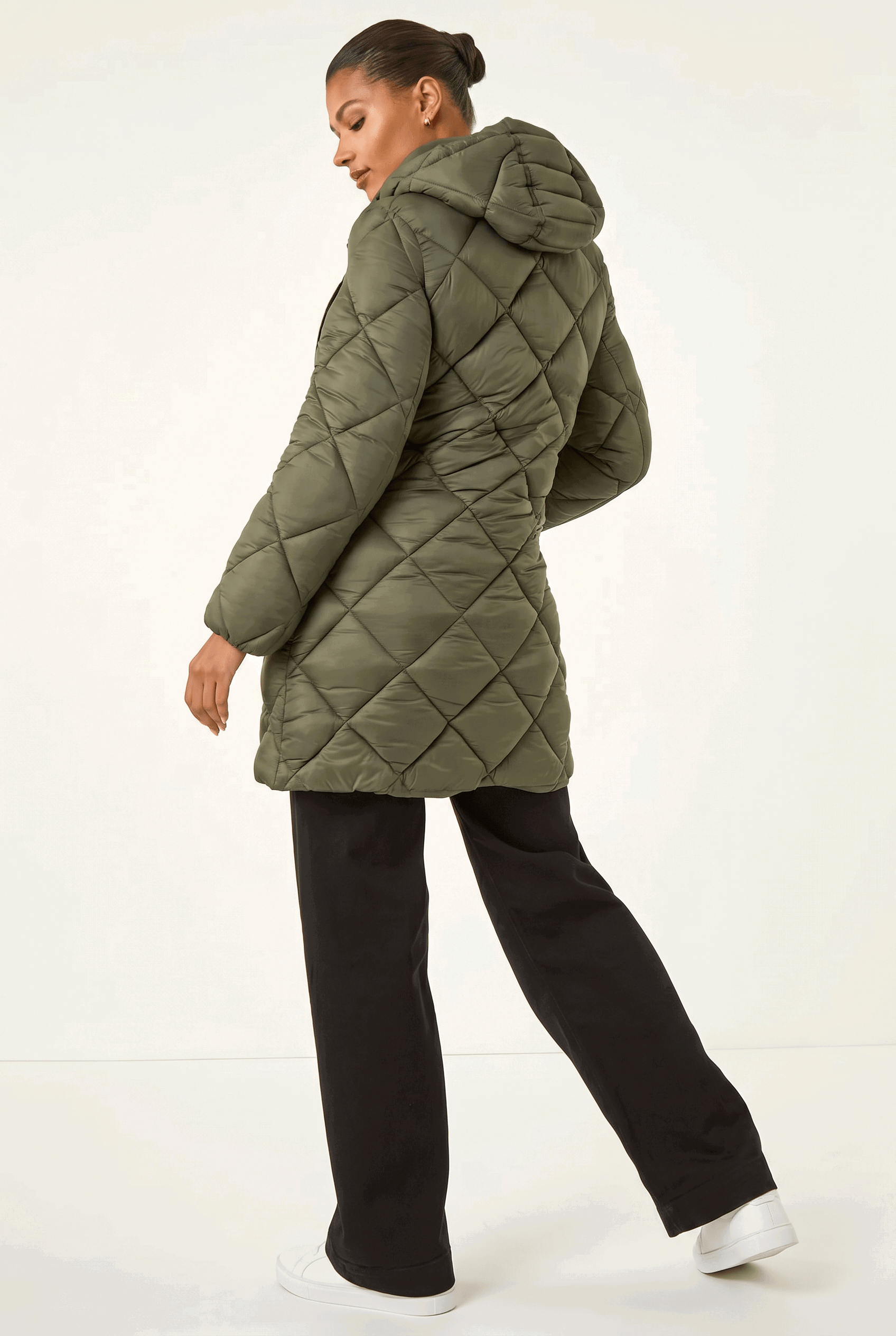 Khaki Hooded Diamond Quilt Padded Coat, Image 4 of 5