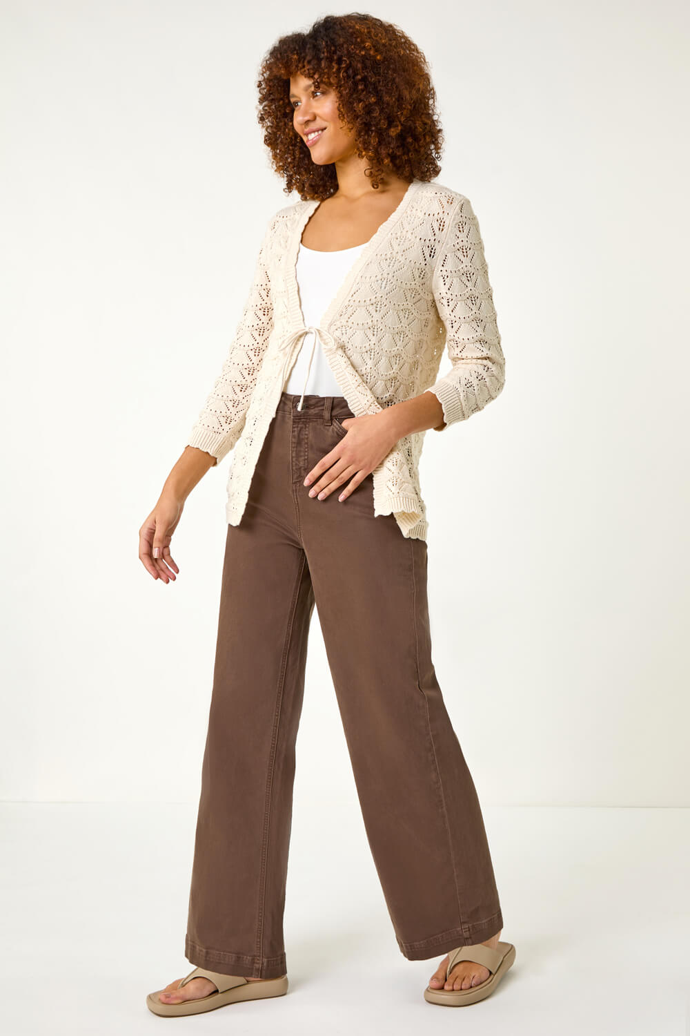 Beige Tie Front Pointelle Knit Cardigan, Image 3 of 5