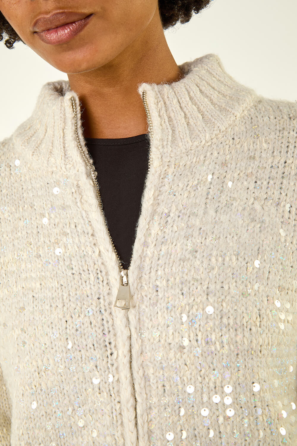 Light Grey Sequin Zip Knit Cardigan, Image 6 of 5