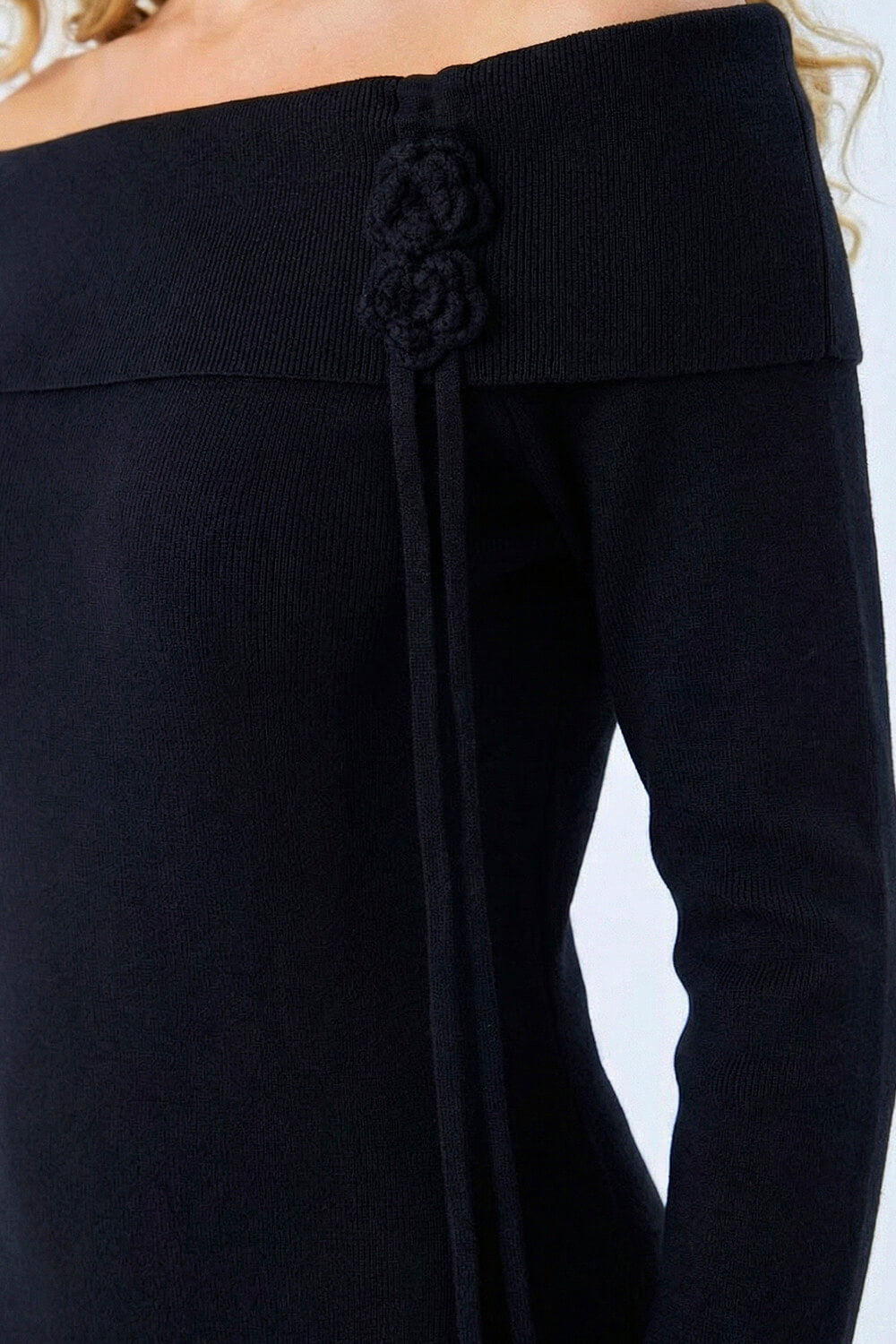 Black Floral Bardot Knit Midi Dress, Image 6 of 5