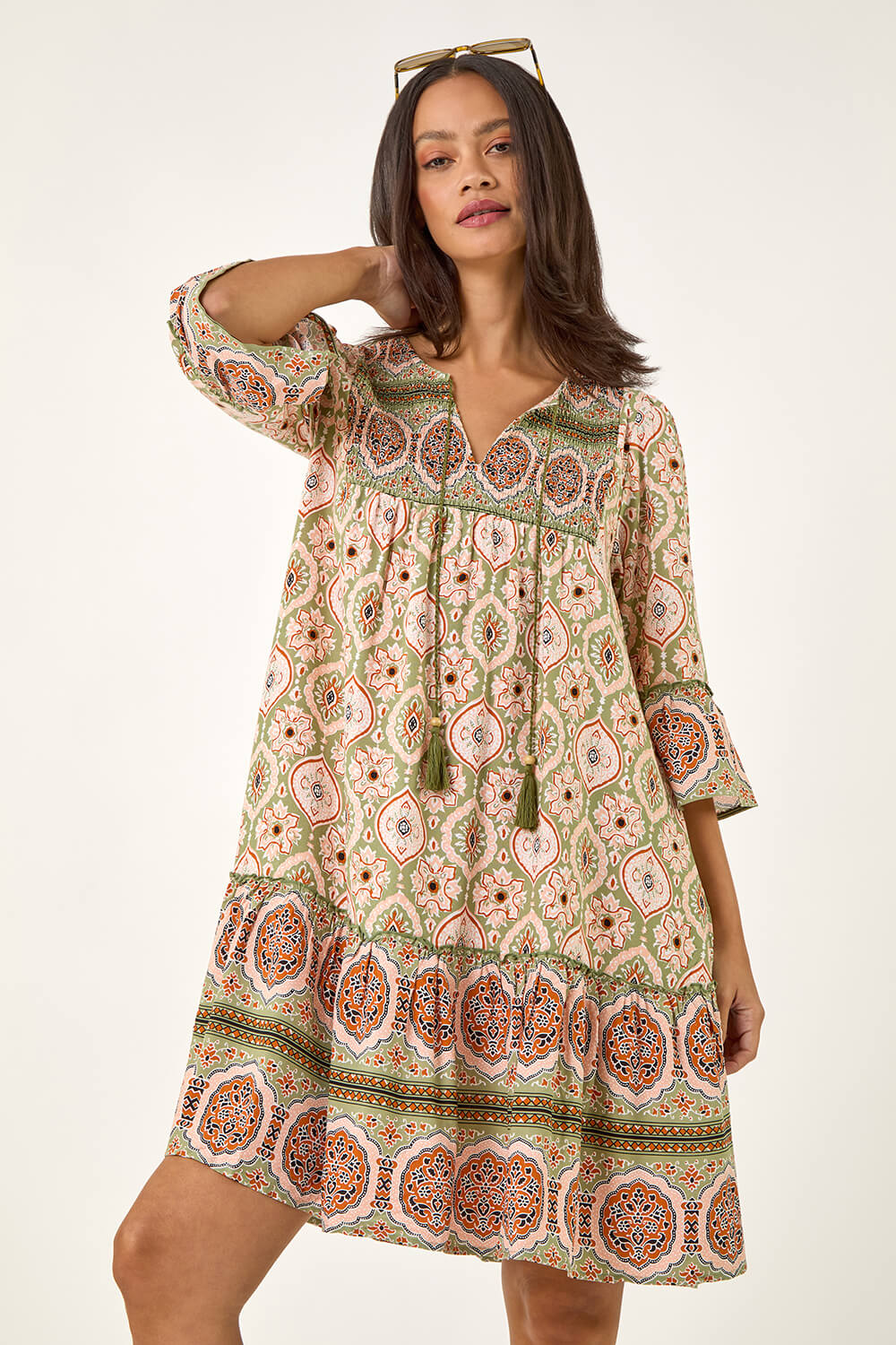 KHAKI Dusk Mix Print Smock Midi Dress, Image 1 of 7