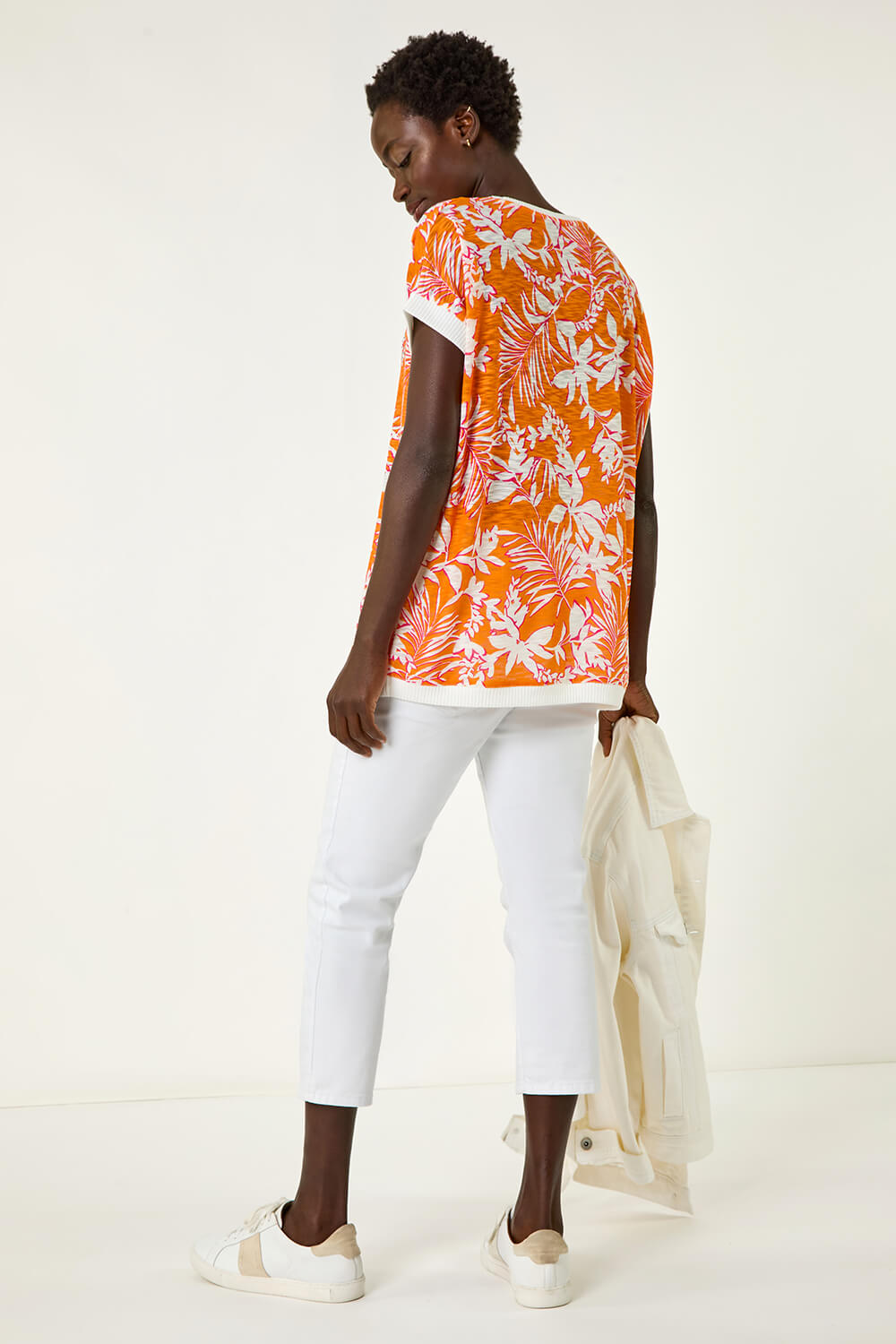 Orange Floral Print Sparkly Stretch Top, Image 4 of 5