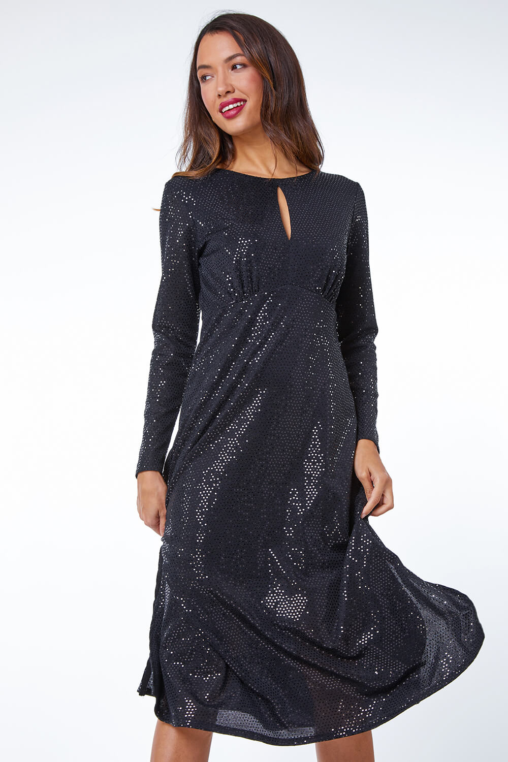 Black Sequin Keyhole Detail Ruched Midi Dress, Image 4 of 5