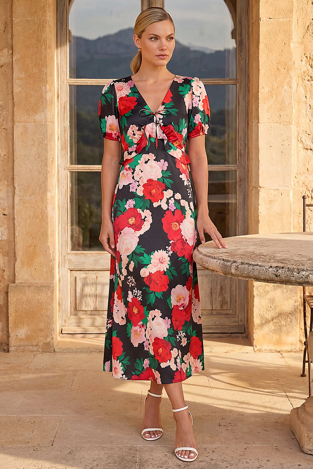 Roman Women's Red Puff Sleeve Floral Satin Midi Dress Size 12