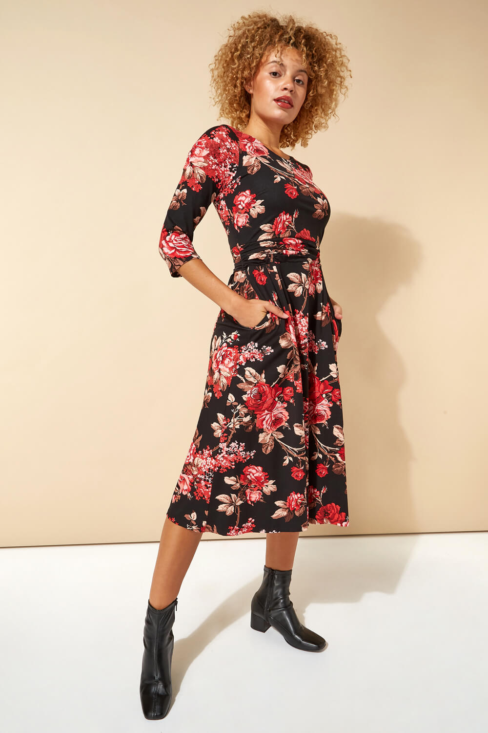 A-Line Red Floral Print Long Dress With Pockets
