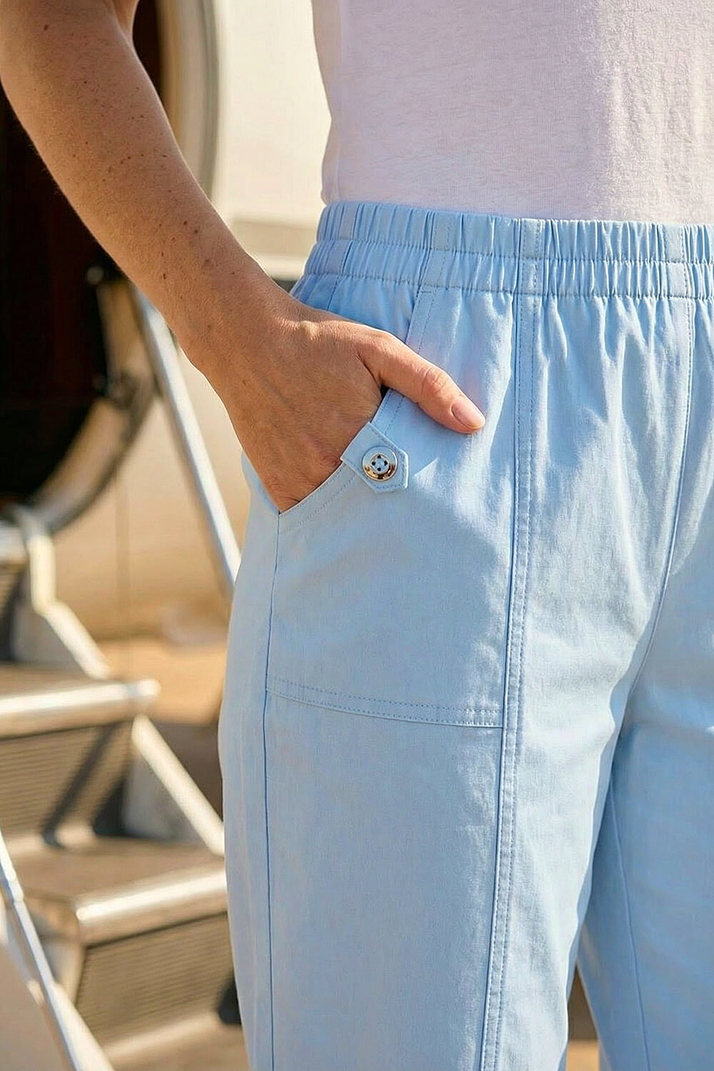 Sky Blue Contrast Detail Cropped Stretch Trousers, Image 5 of 4