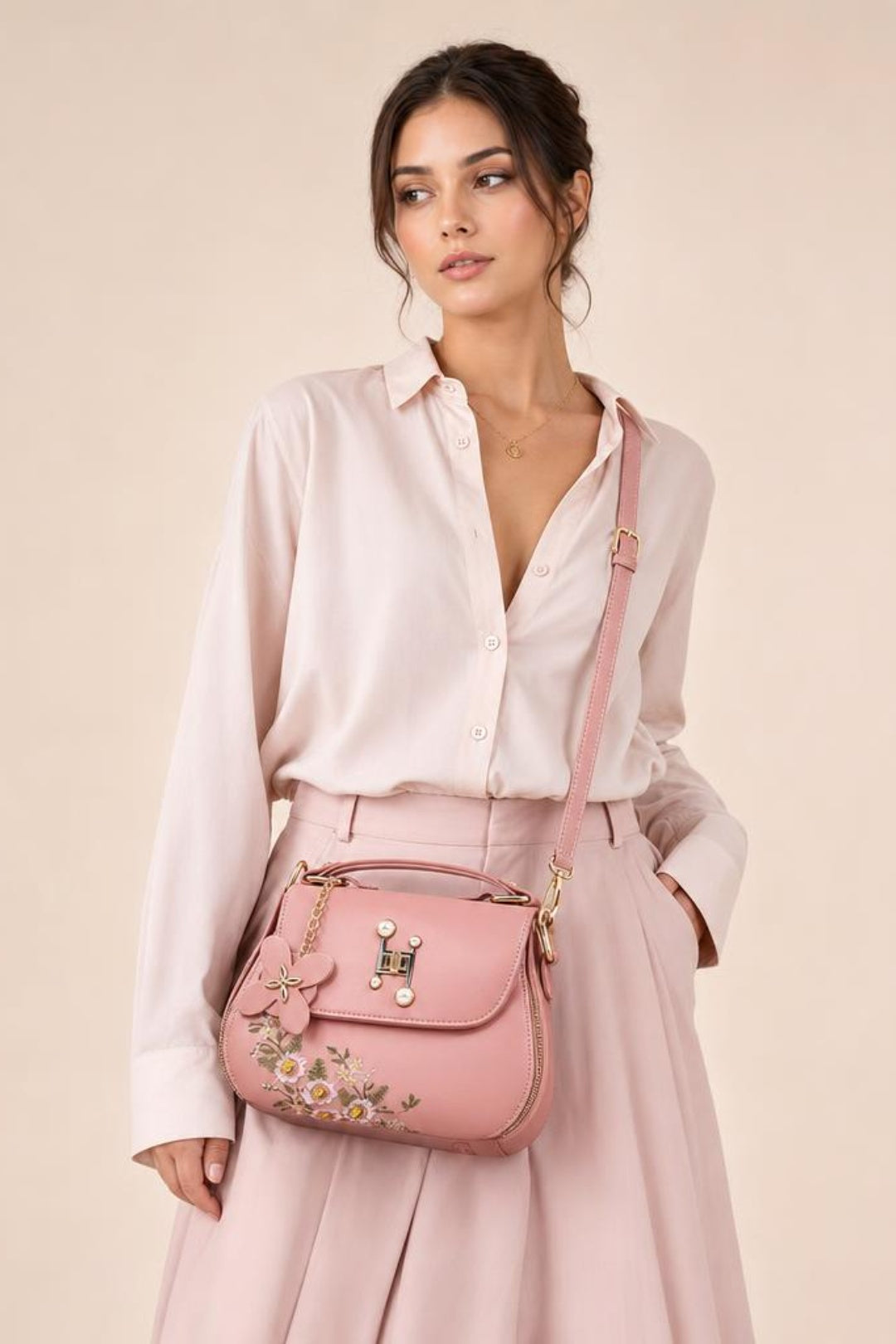 Pink Embroidered Shoulder Bag With Zip Charms, Image 1 of 5