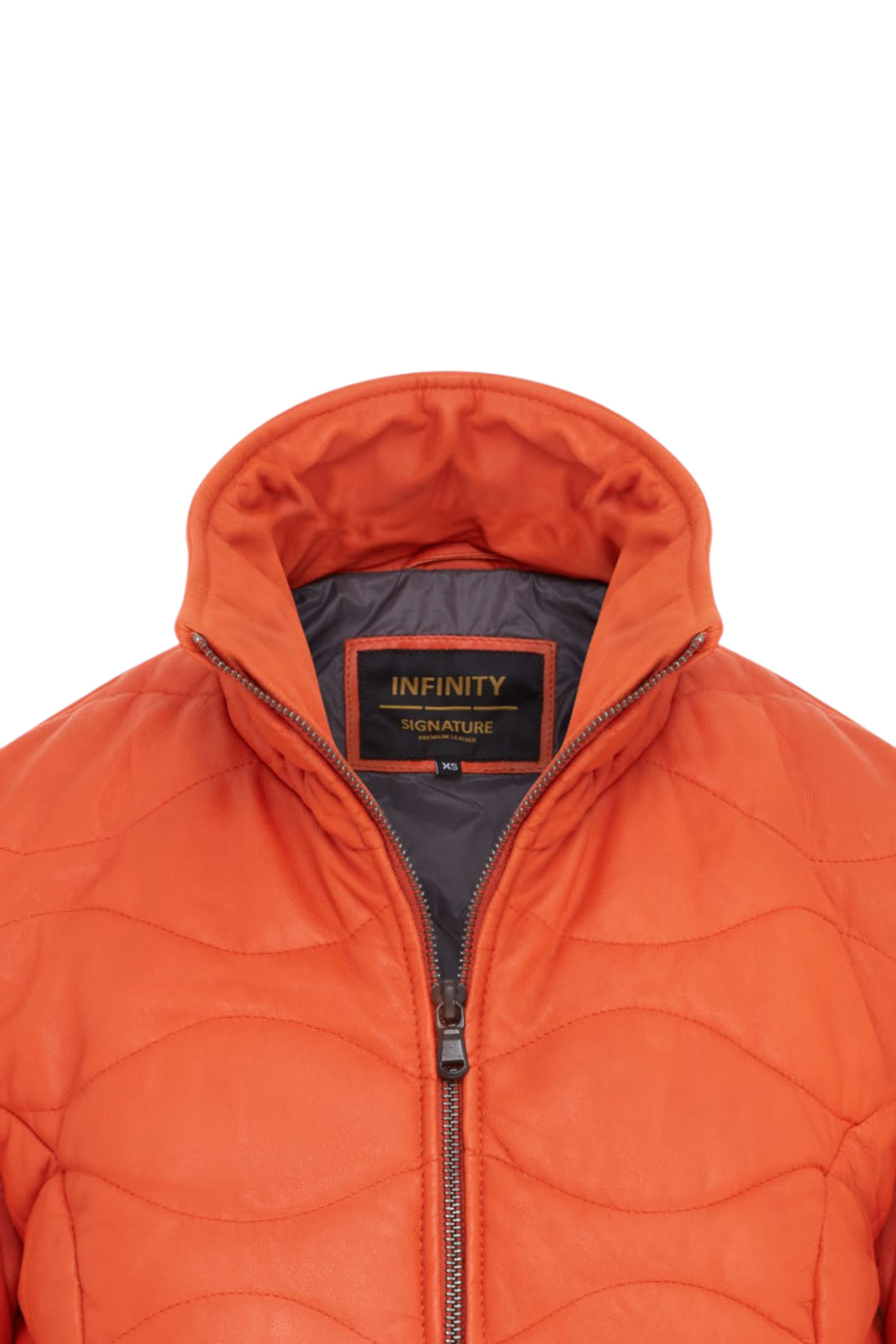 Orange Infinity Leather Orange Puffer Quilted Bomber Leather Jacket, Image 5 of 7