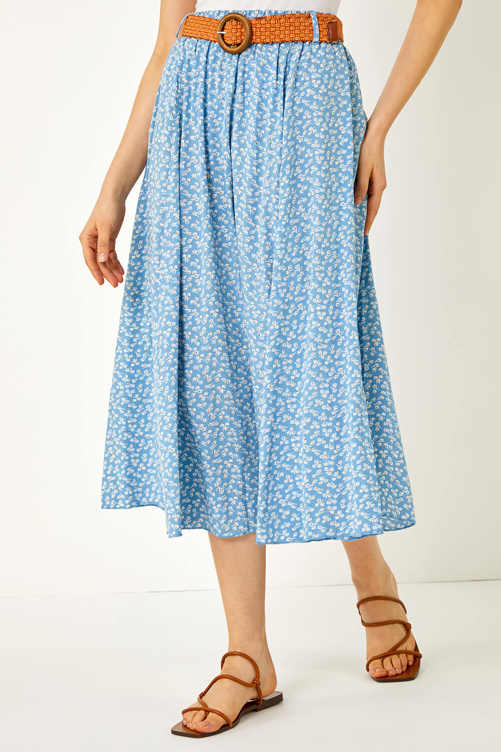 Denim Floral Print Belted Elastic Waist Midi Skirt, Image 5 of 5