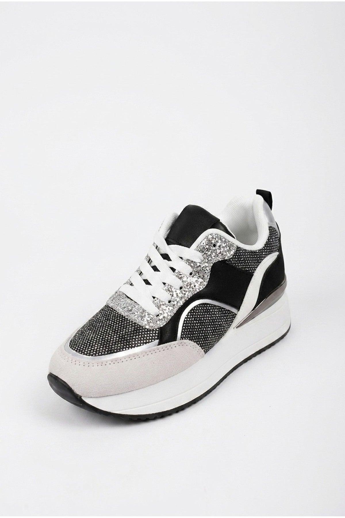 Black iKrush Black Chloe Womens Glitter Panel Platform Trainers, Image 4 of 5