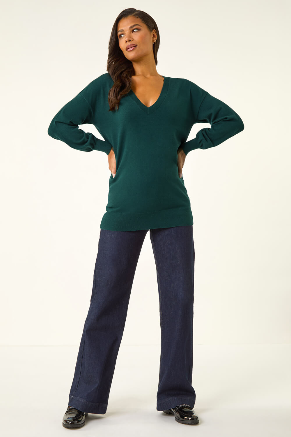 Dark Green Plain V-Neck Stretch Longline Jumper, Image 3 of 5