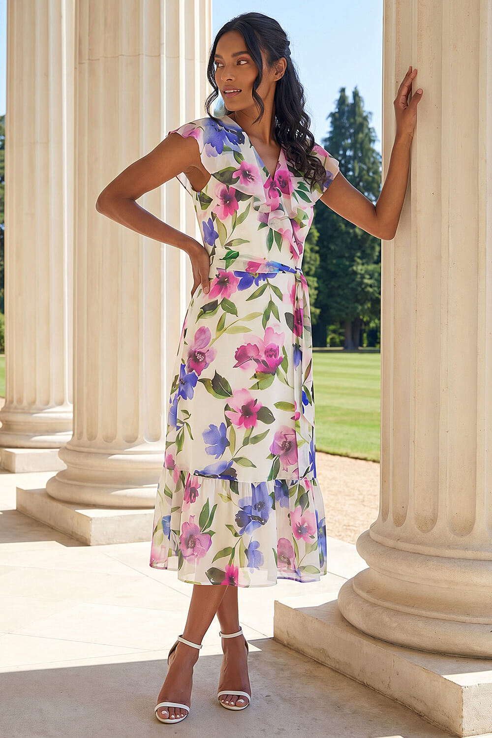 White Floral Frill Wrap Midi Dress, Image 1 of 4