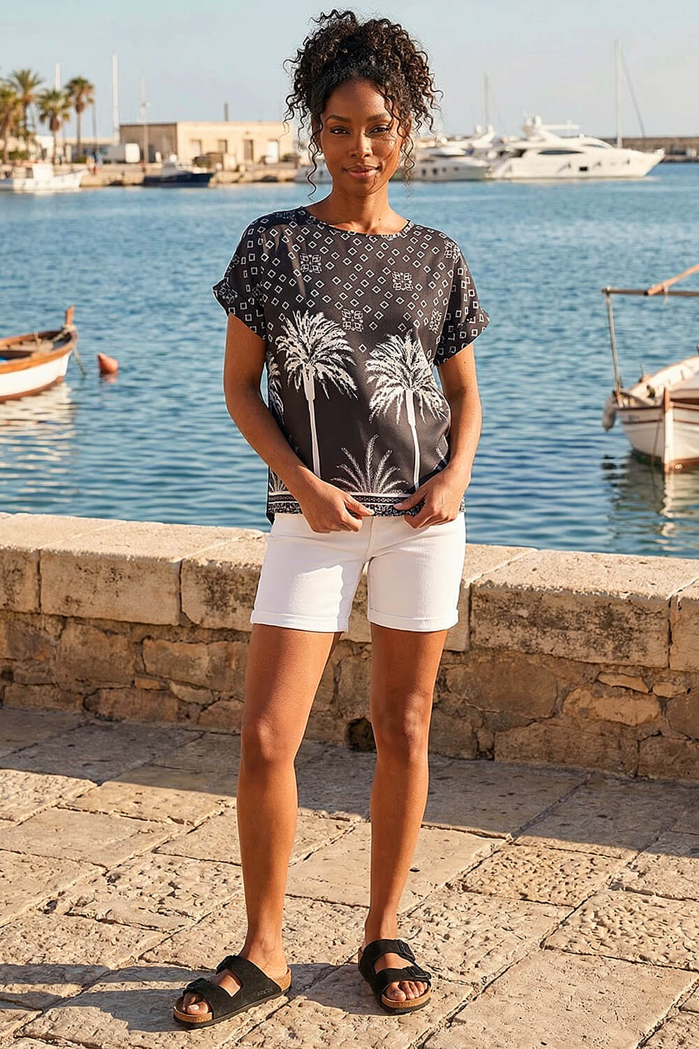 Black Palm Print Jersey Back Top, Image 3 of 4