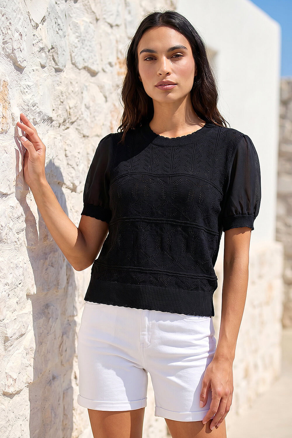 Black Pointelle Knitted Top, Image 1 of 4