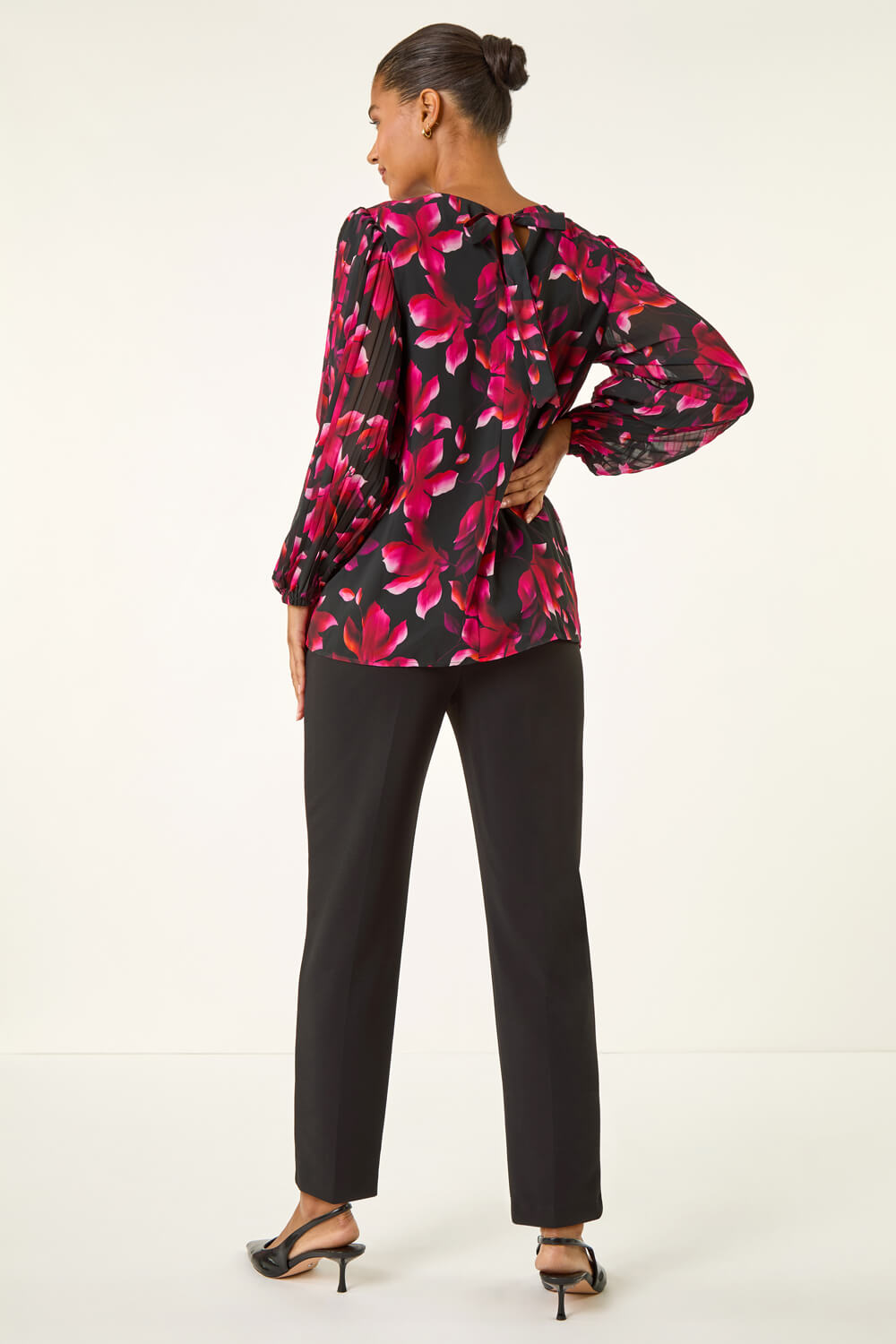 Purple Floral Print Pleated Top, Image 4 of 5