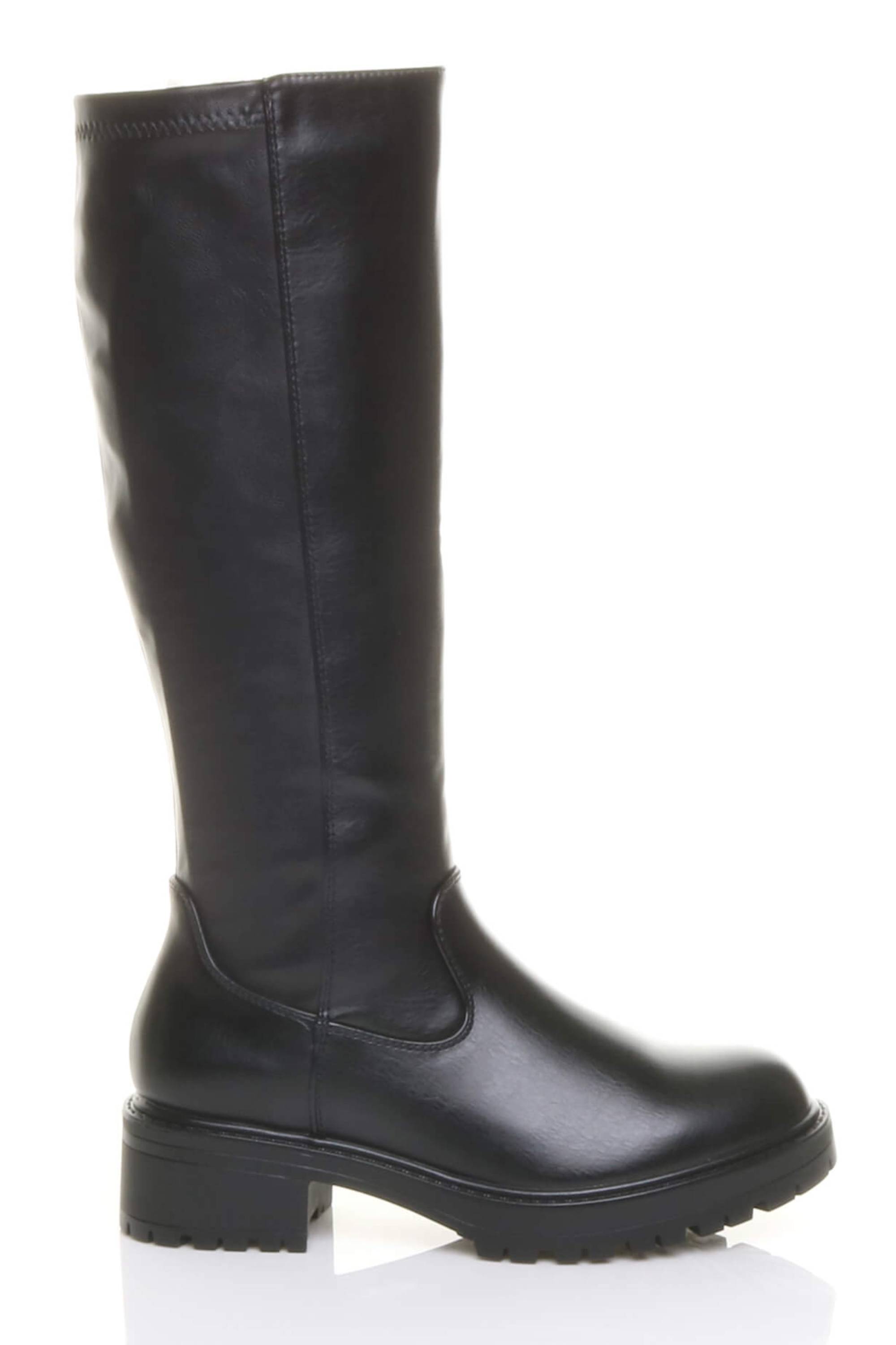 Black Chunky Sole Zip Stretchy Elastic Riding Calf Boots