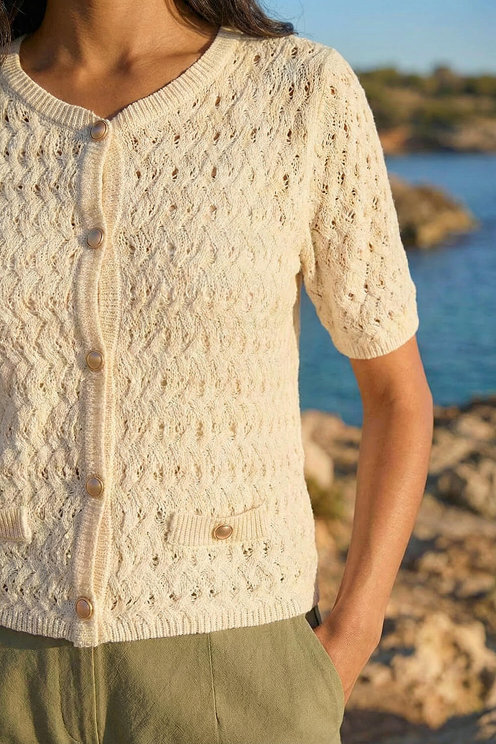 Ivory Pointelle V-Neck Knit Cardigan, Image 5 of 4
