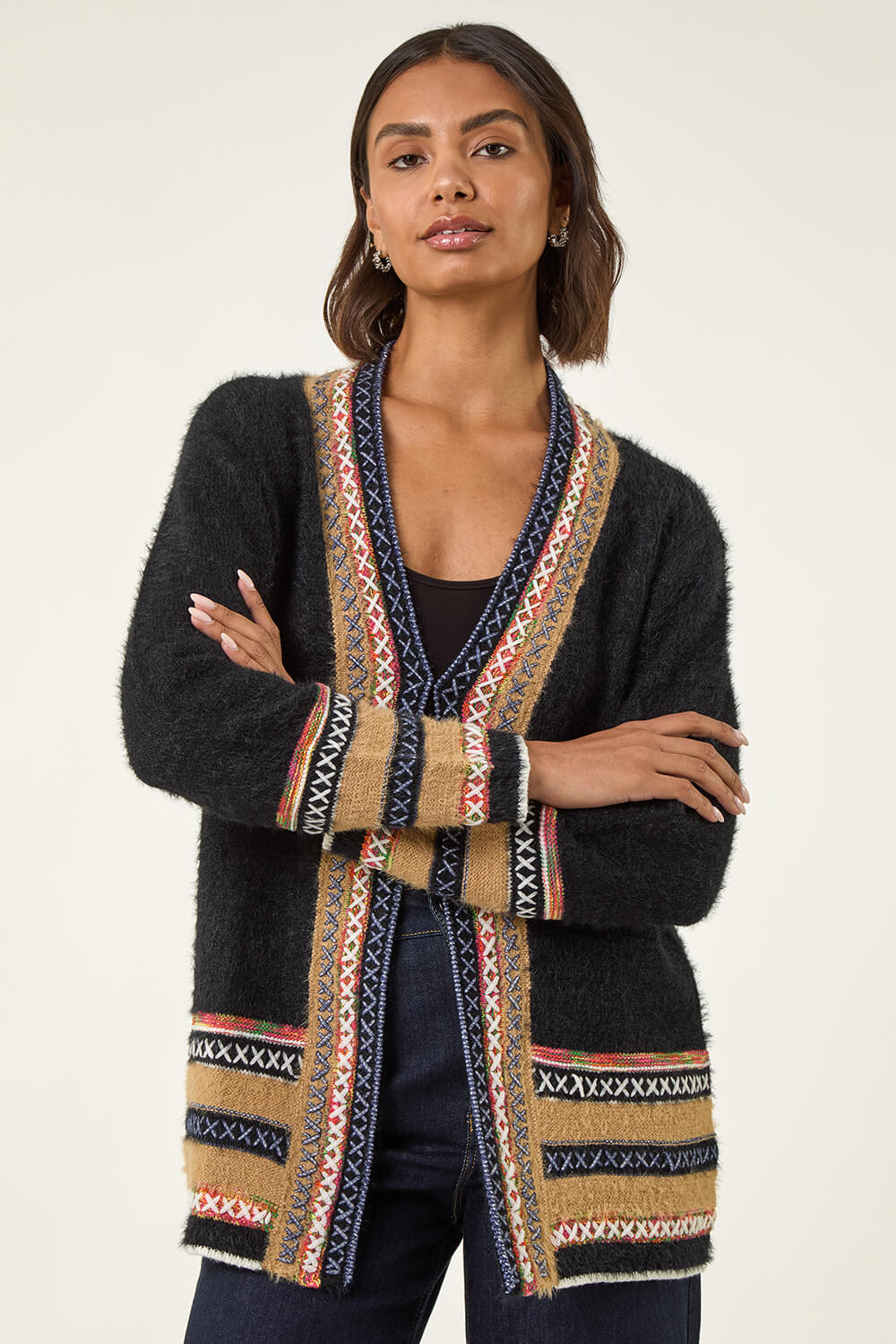 Black Cross Stitch Detail Knit Cardigan, Image 5 of 5