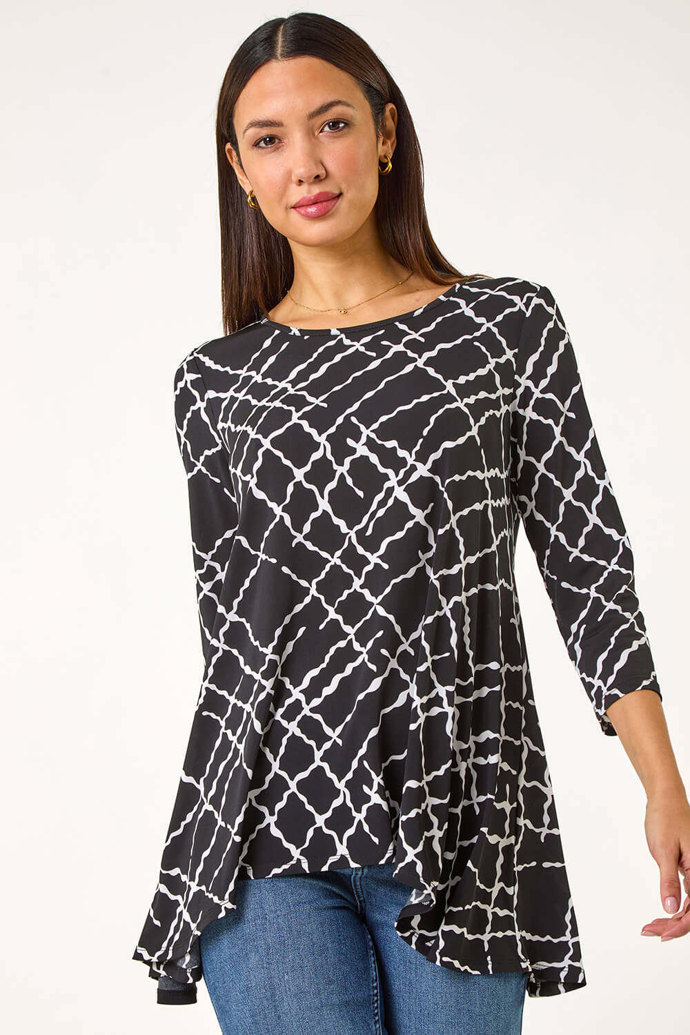Black Abstract Check Print Asymmetric Tunic, Image 1 of 5