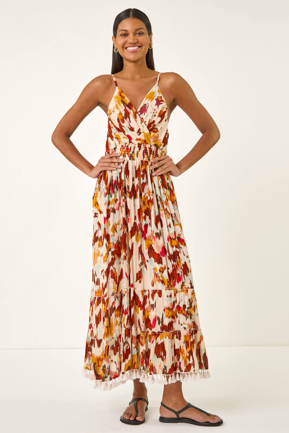 Rust Abstract Tassel Trim Maxi Dress, Image 3 of 5