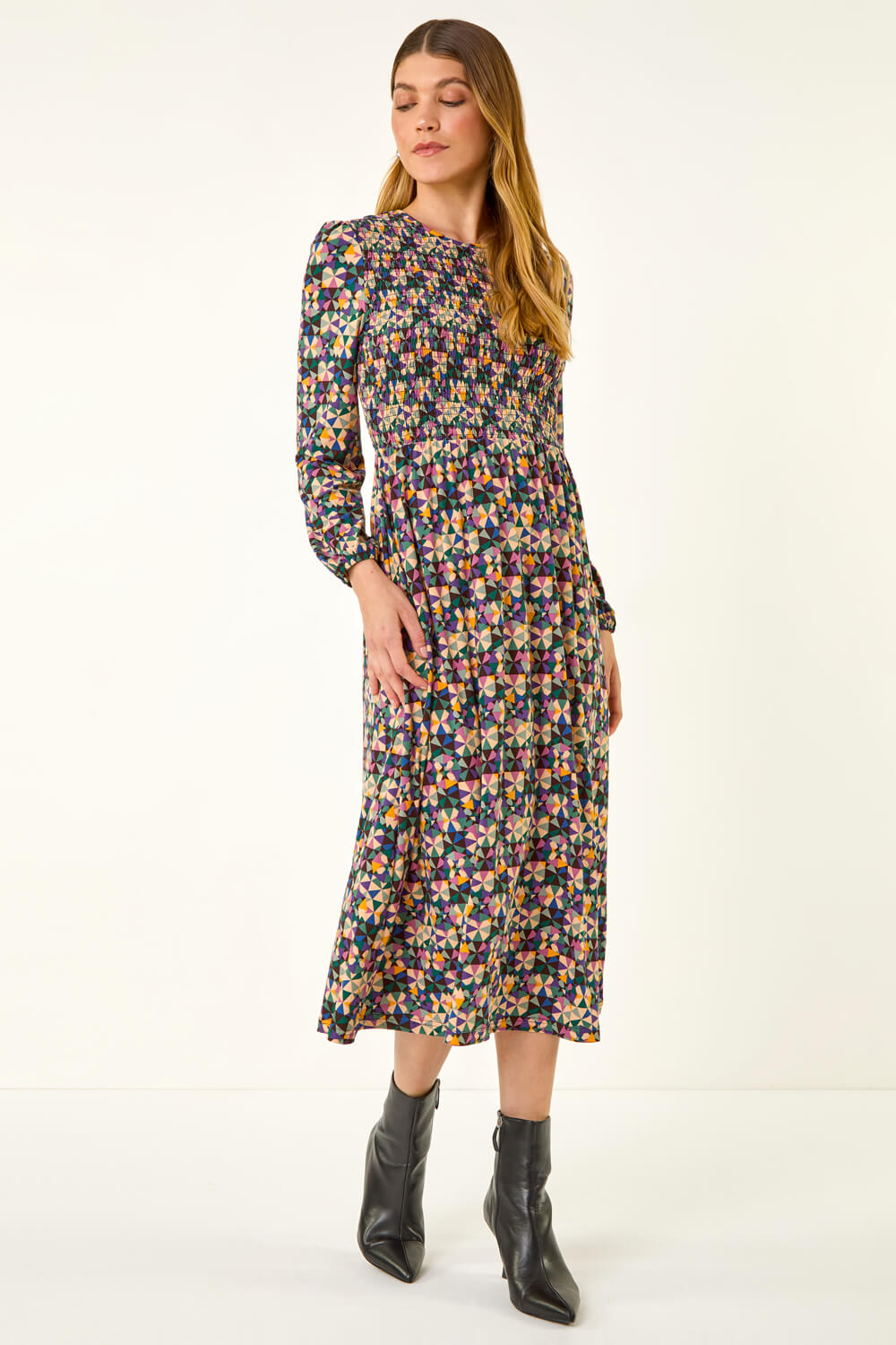 Mauve Geometric Print Shirred Midi Dress, Image 3 of 5