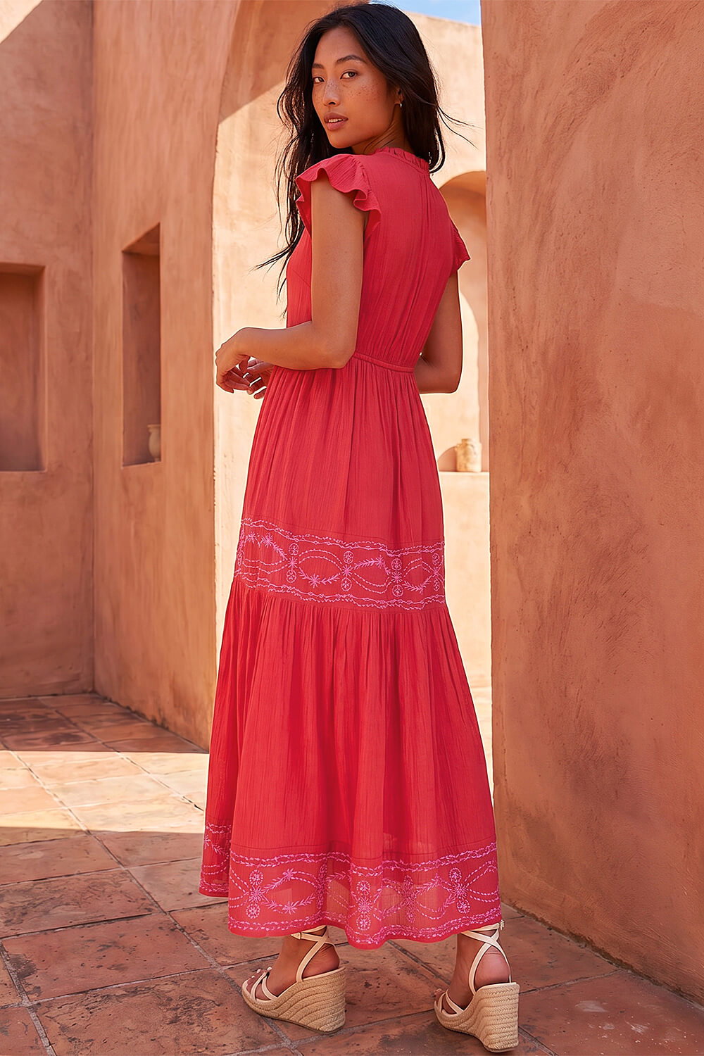 Red Petite Embroidered Tiered Midi Dress, Image 4 of 4