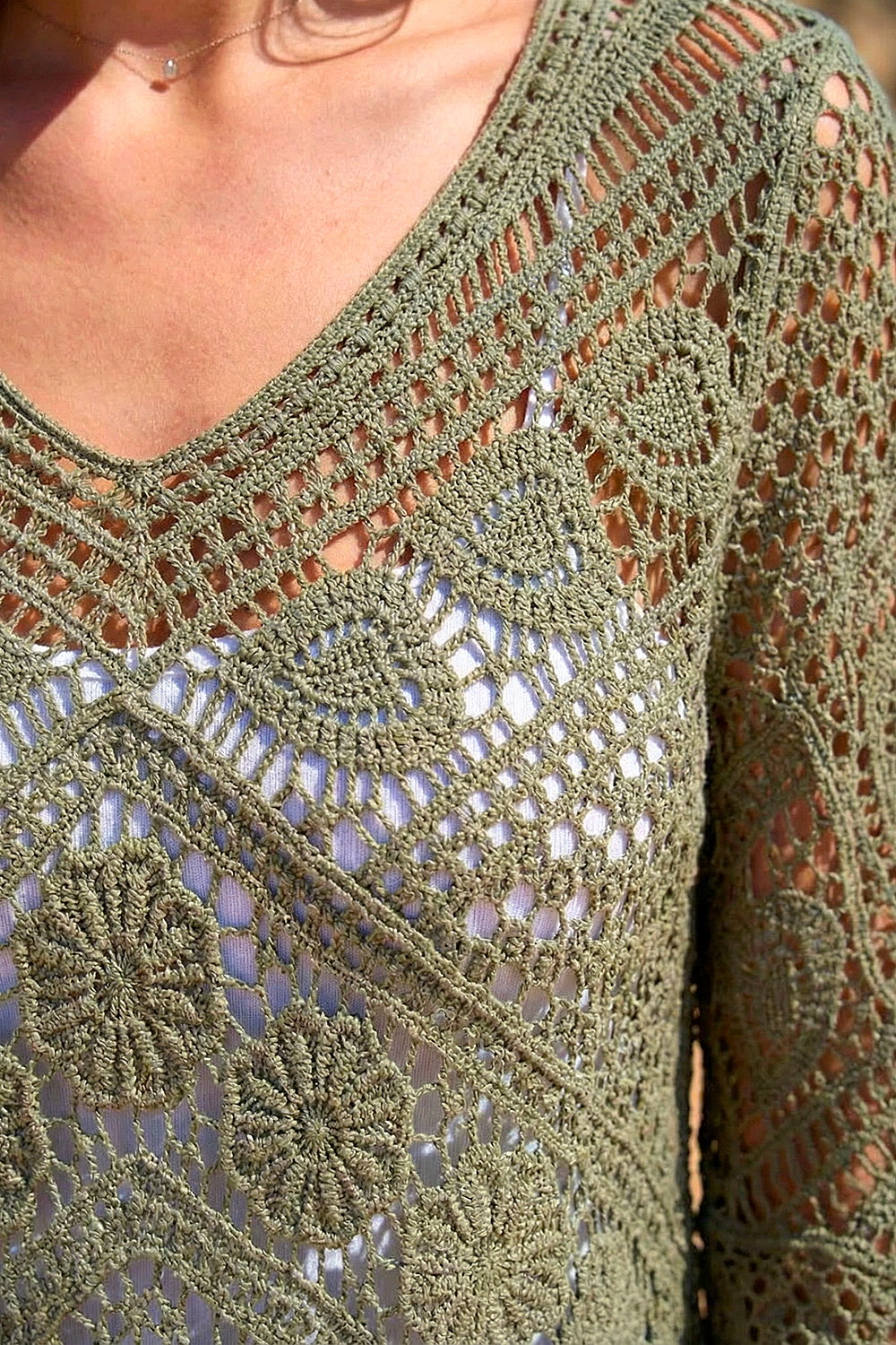 Khaki Crochet Lace V-Neck Open Knit, Image 5 of 4