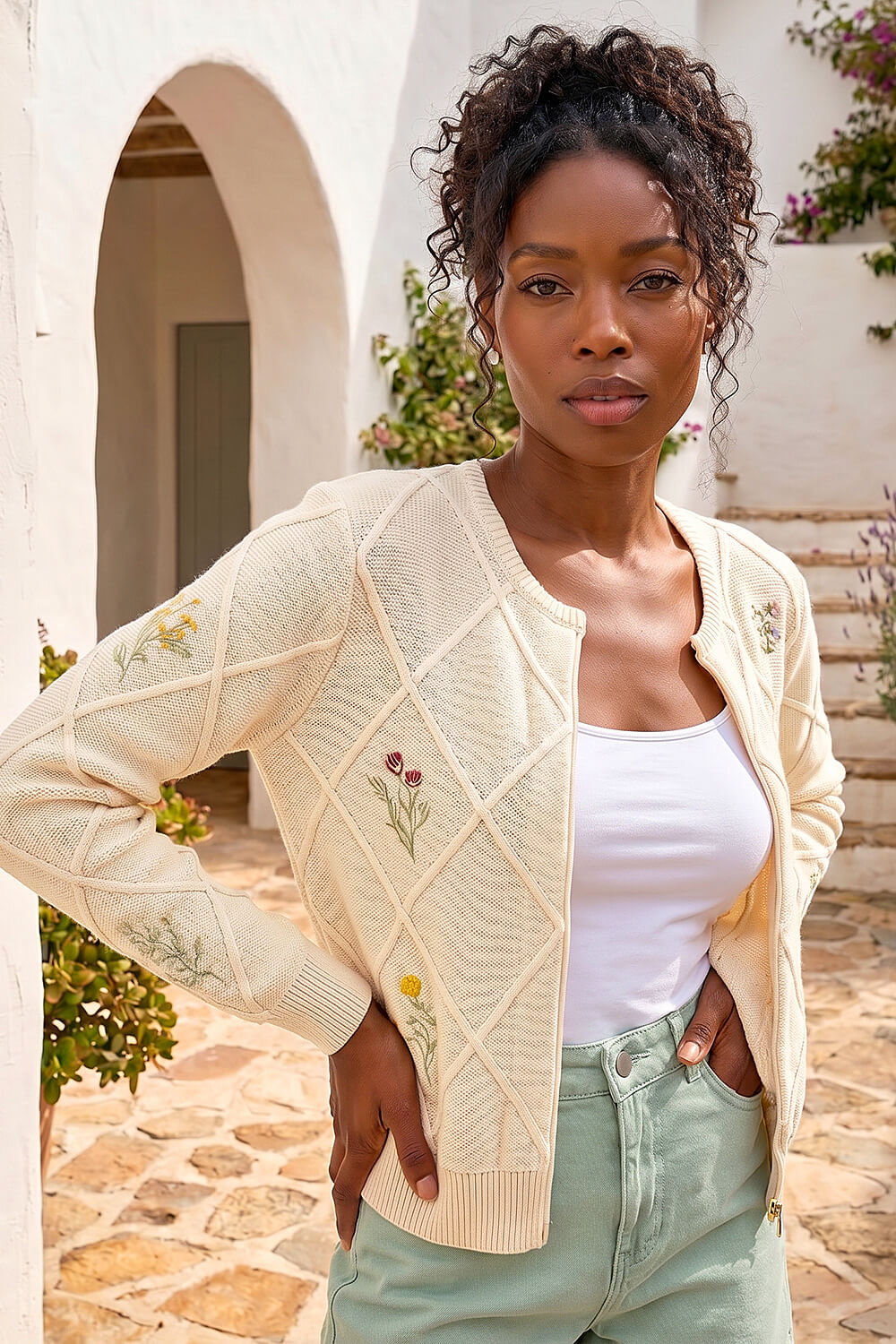 Roman Women's Ivory Floral Embroidered Knit Cardigan Size 18