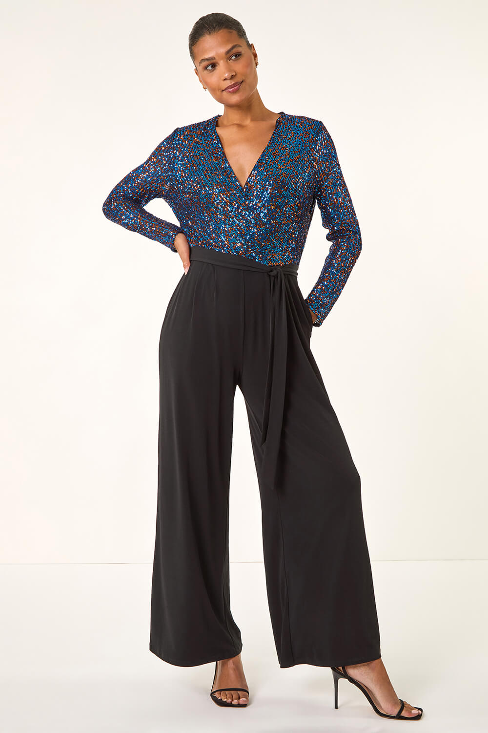 Royal Blue Sequin Wrap V-Neck Stretch Jumpsuit, Image 1 of 5