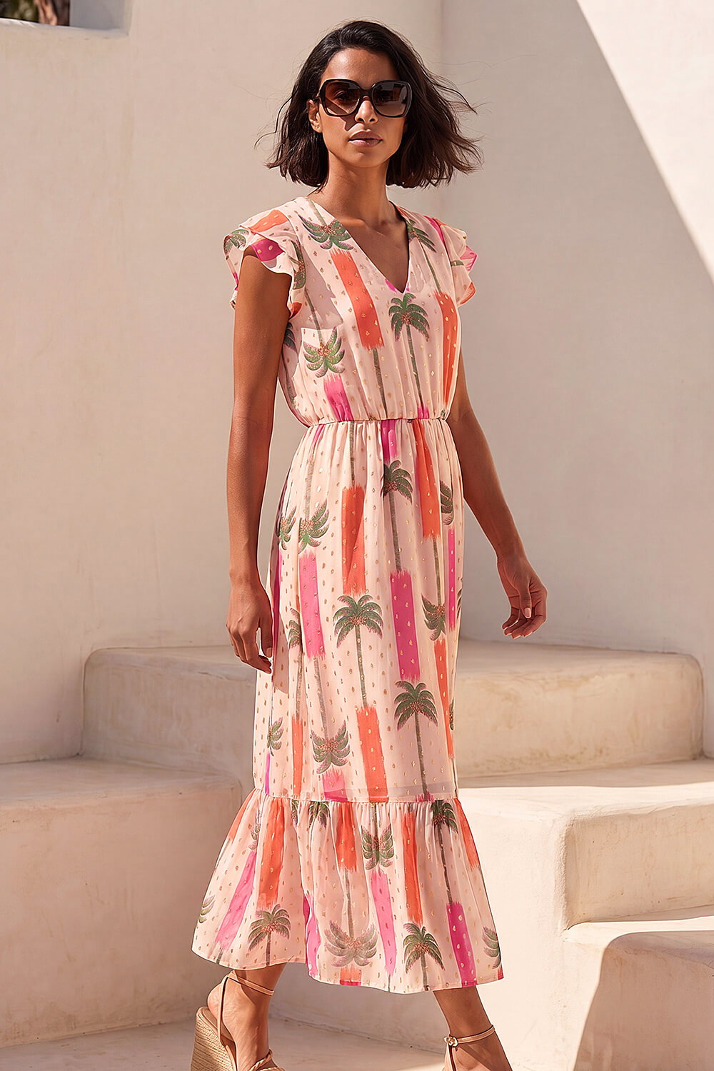 Light Pink Dusk Palm Shimmer Frill Maxi Dress, Image 3 of 4