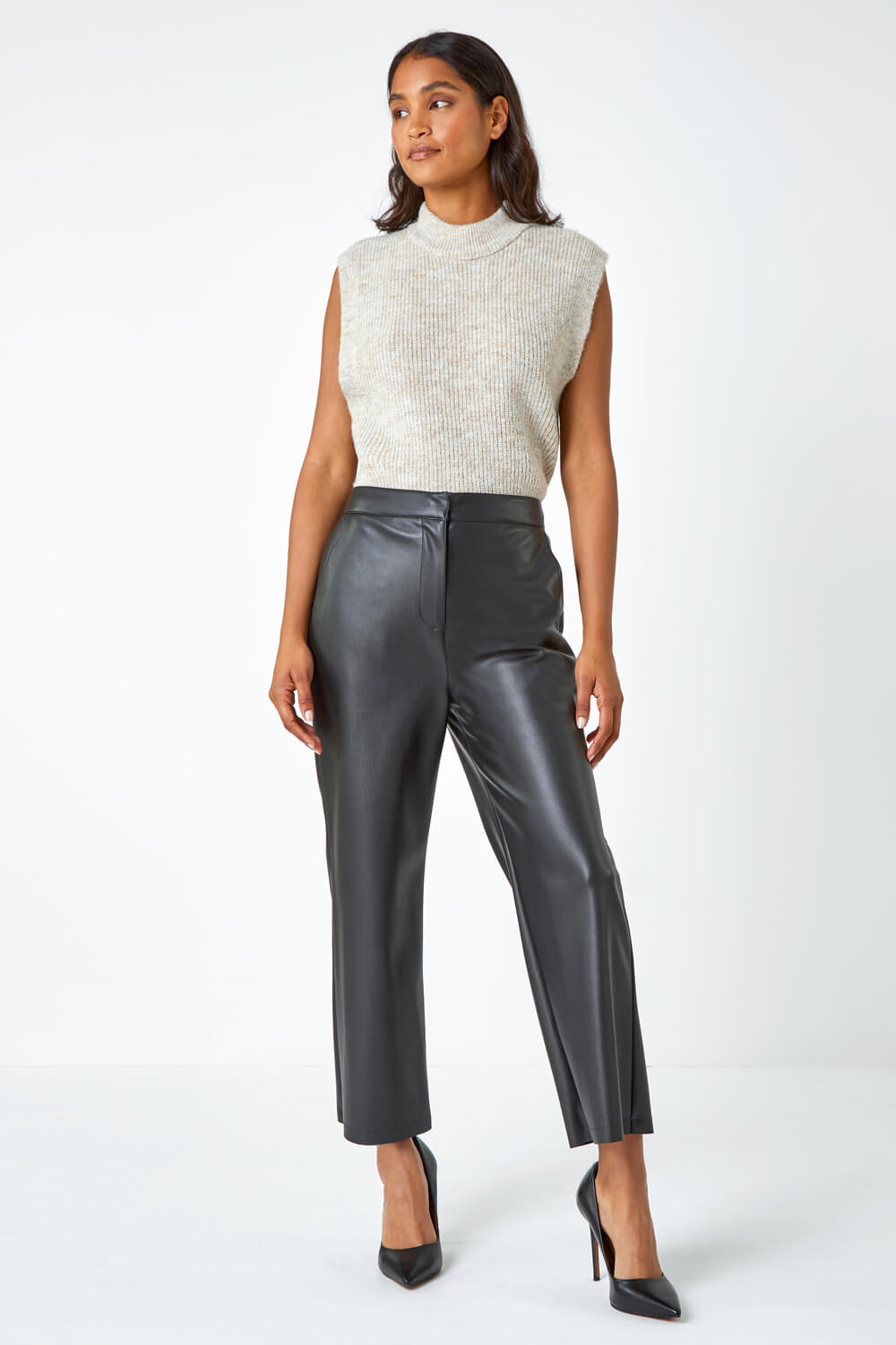 Black Faux Leather Wide Leg Crop Trousers, Image 5 of 6