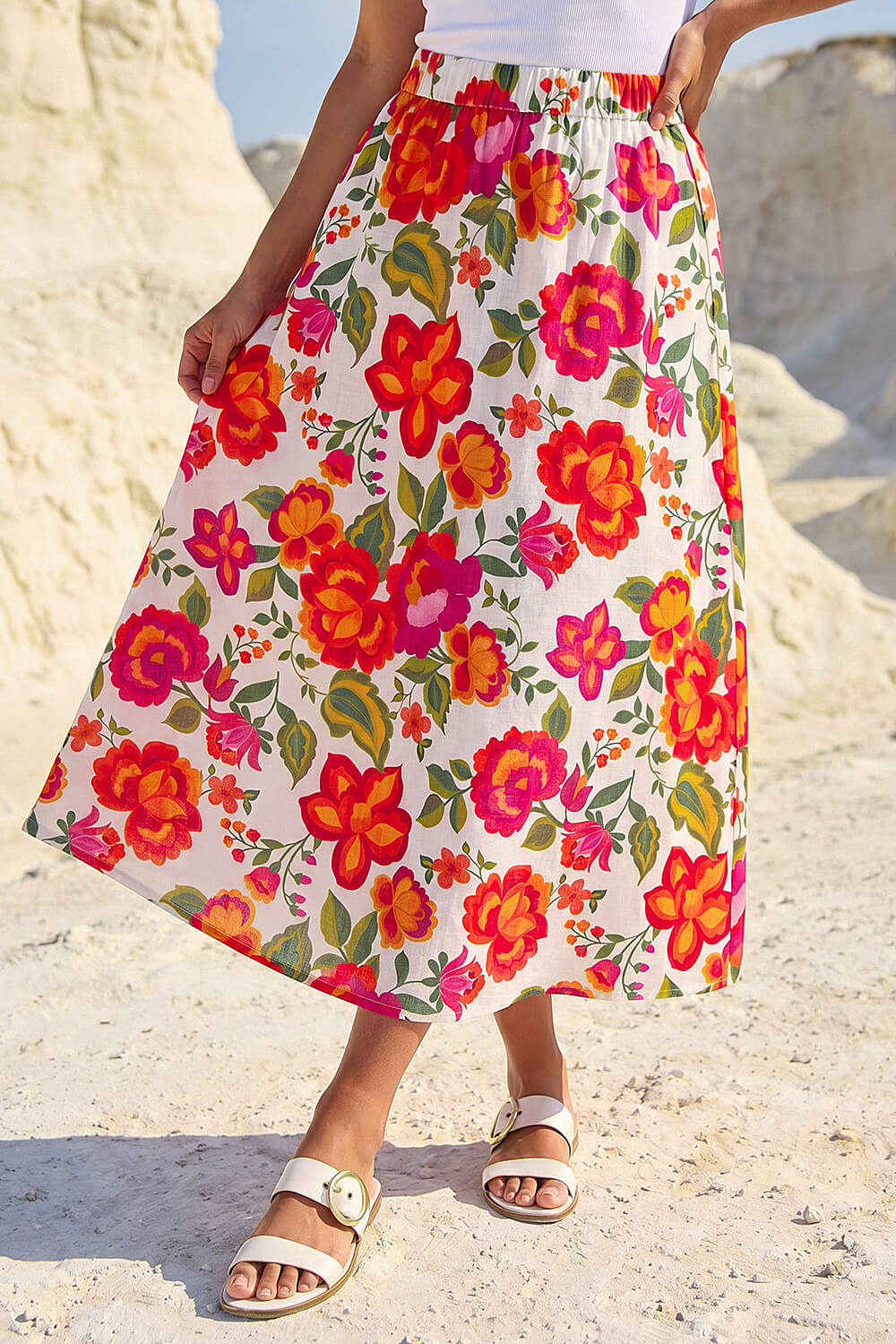 ORANGE Dusk Floral Print A-Line Midi Skirt, Image 1 of 5