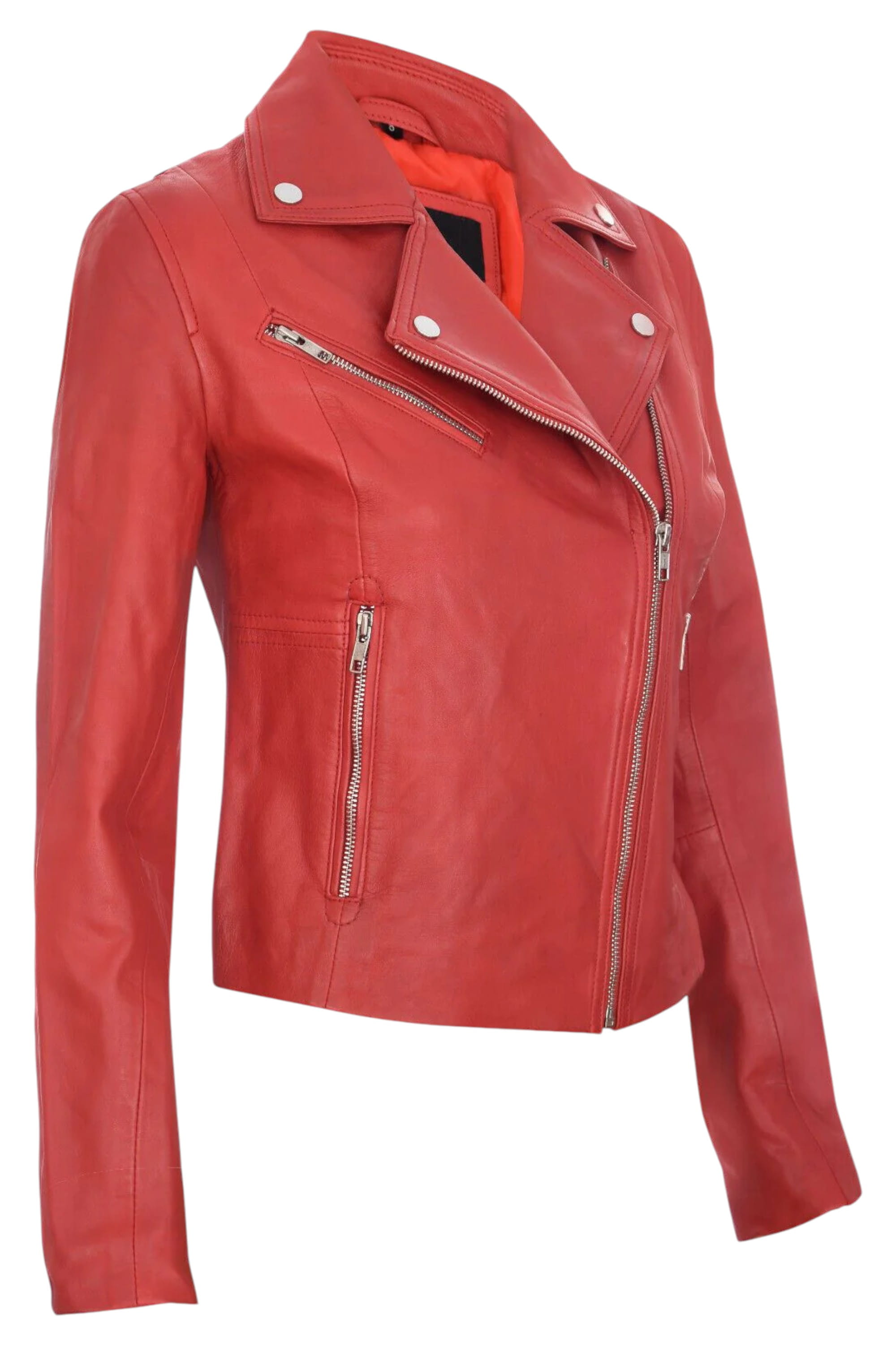 Red Womens Leather Biker Jacket-Matlock, Image 2 of 4