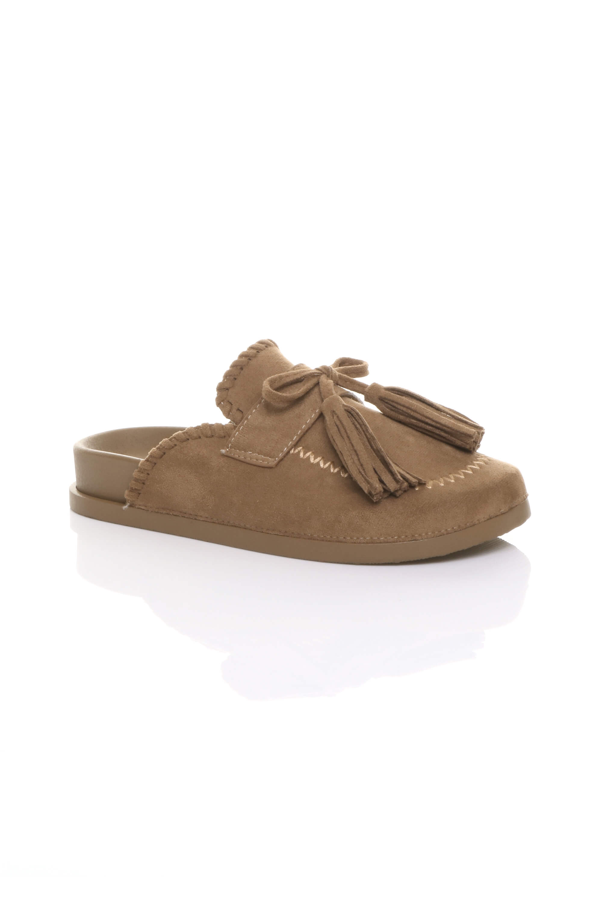 Camel Flat Tassel Moccasin Mules Sandals Sliders, Image 1 of 4