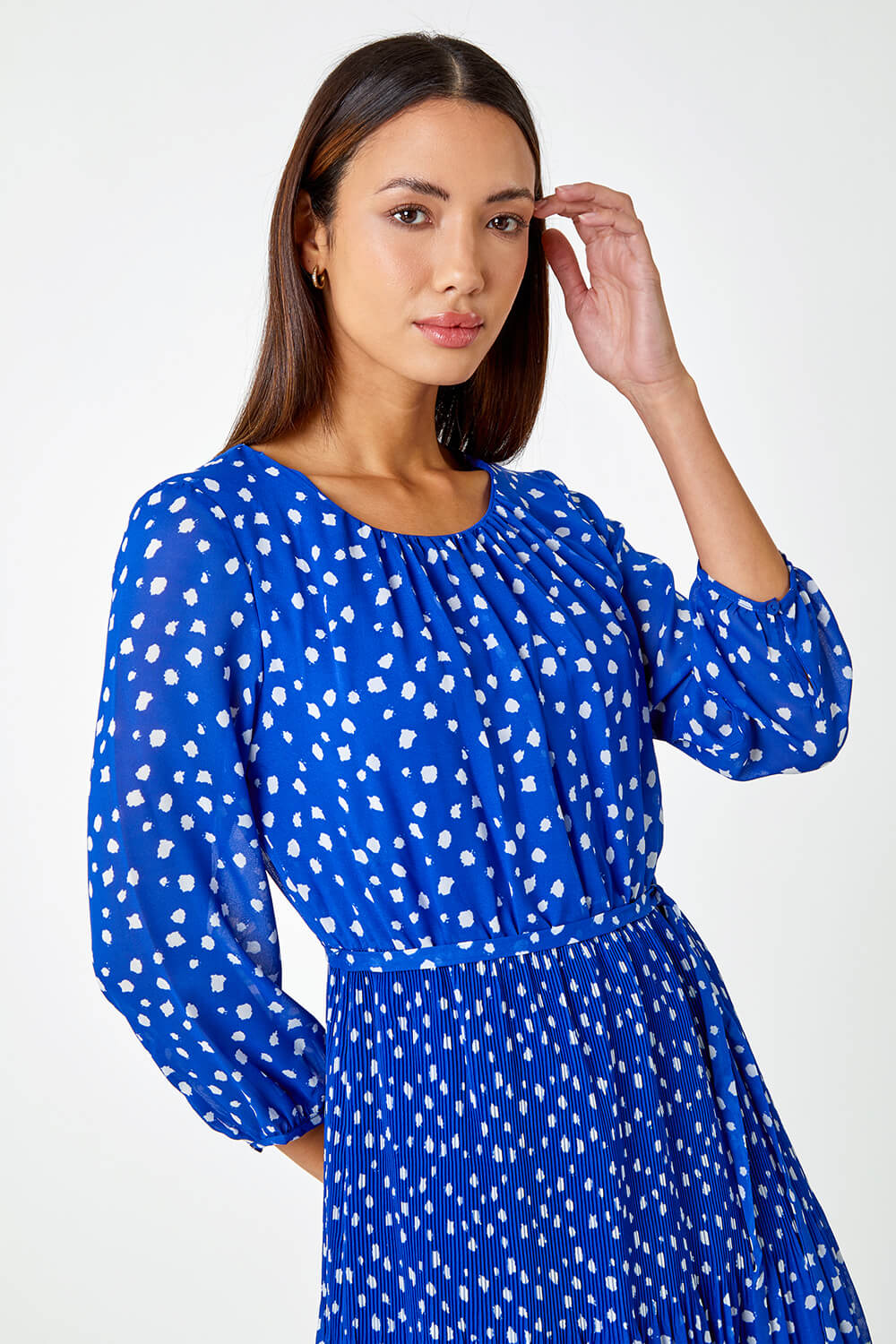 Royal Blue Spot Print Pleated Midi Dress, Image 5 of 6