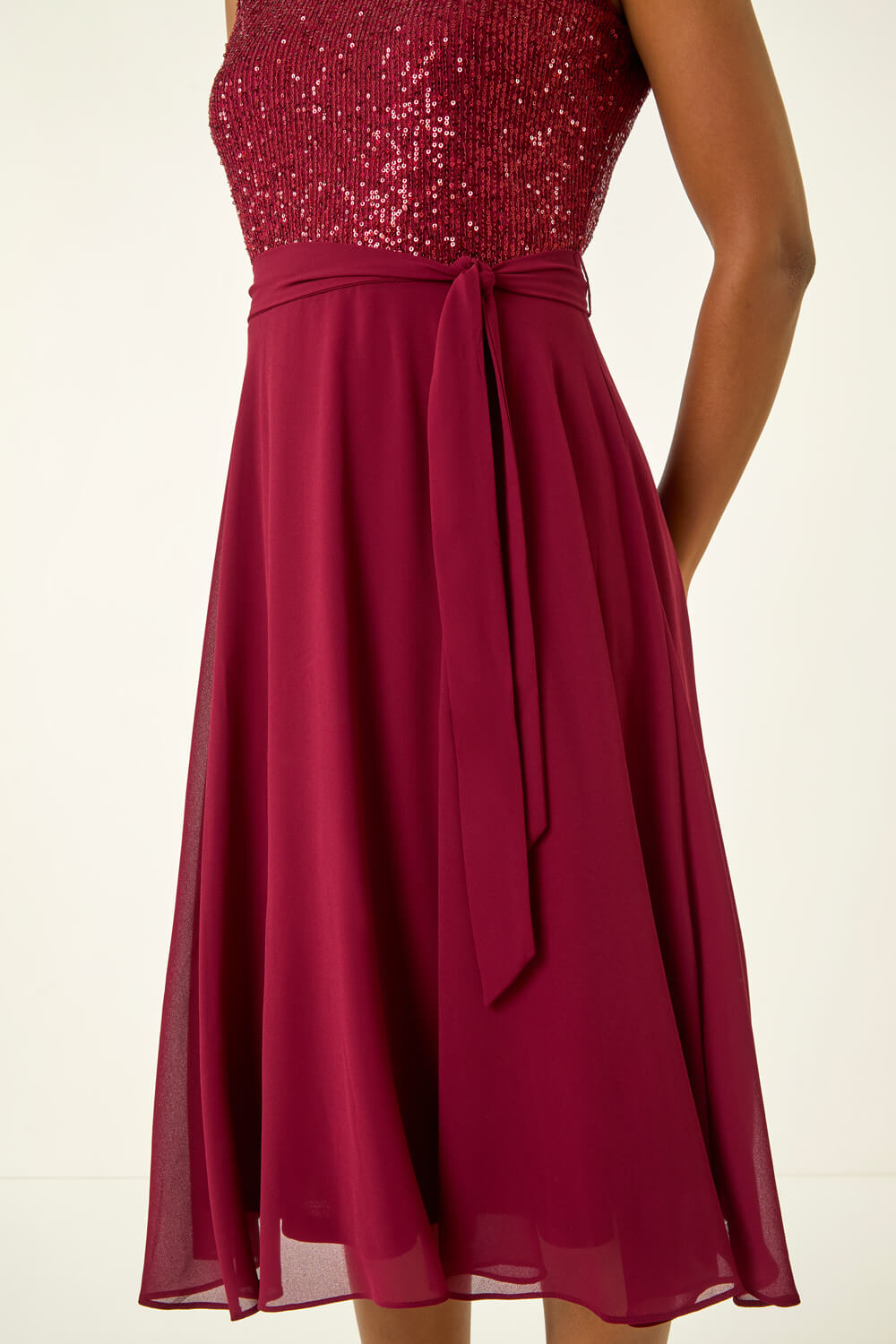 Bordeaux Sequin Bodice Betlted Chiffon Dress, Image 6 of 6