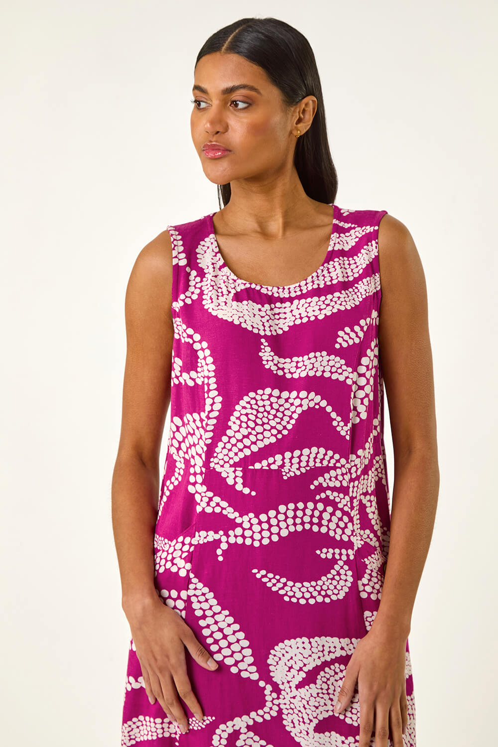 Magenta Leaf Print Shift Midi Dress, Image 5 of 5