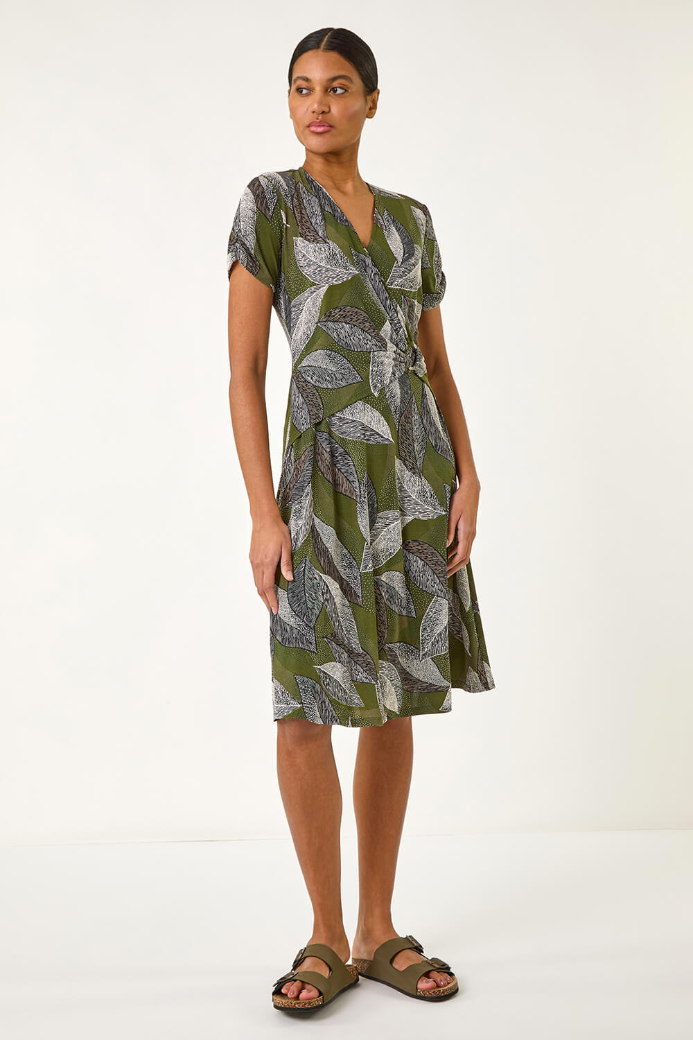 KHAKI Leaf Print Ring Detail Midi Dress, Image 1 of 5