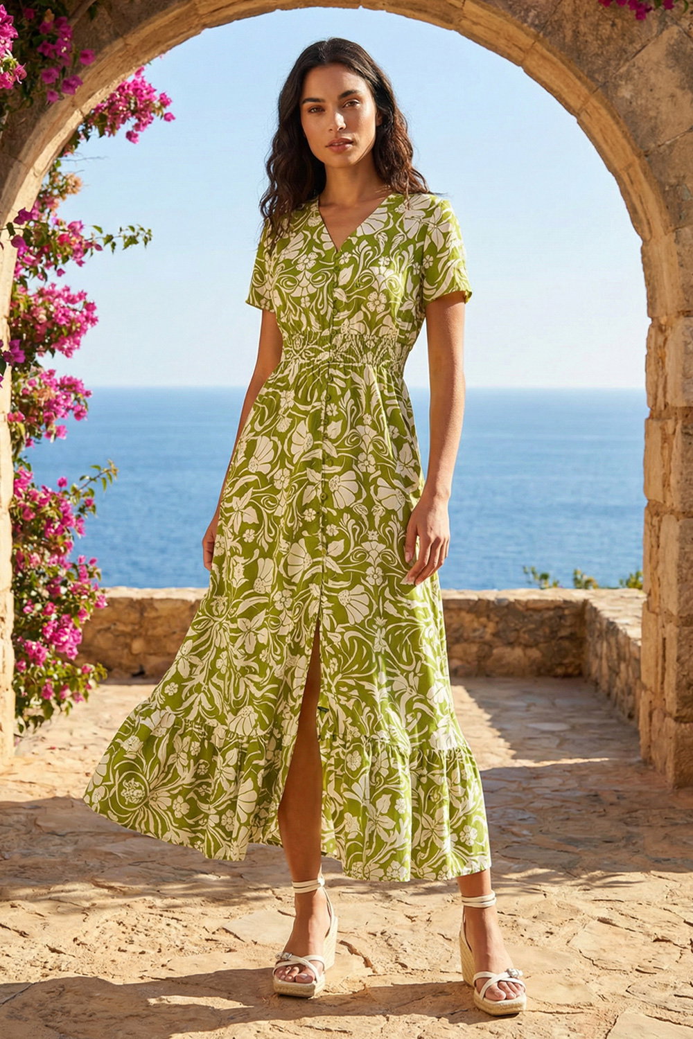 Lime Floral Print Button Detail Maxi Dress | Roman UK